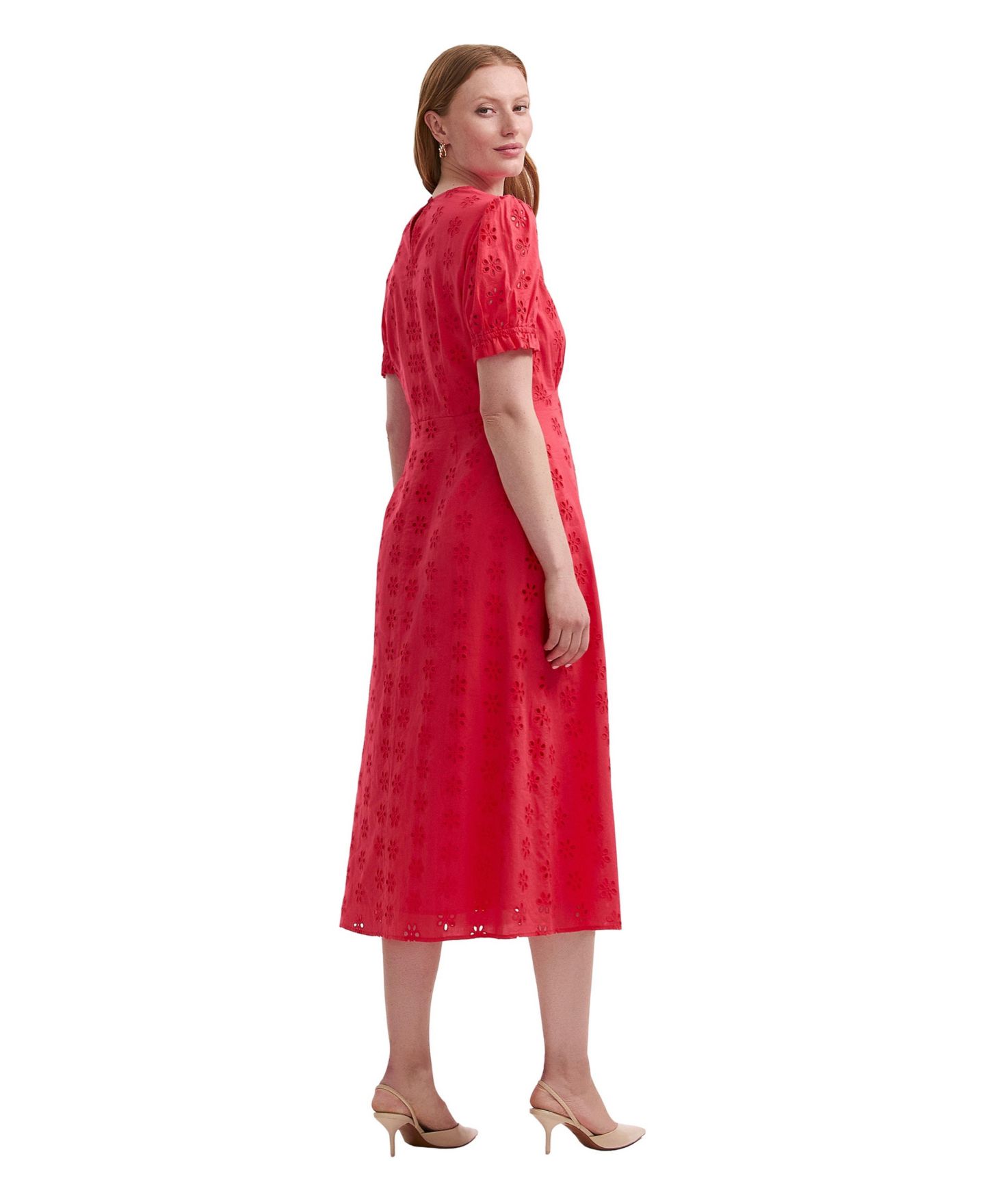 Женское платье Finery London Mela Cotton Floral-Embroidered Eyelet Empire-Waist Midi Tea, цвет: Коралловый — фото 3