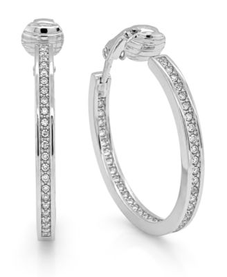 Cubic Zirconia Medium In & Out Clip-On Hoop Earrings in Silver-Plate, 1.18"