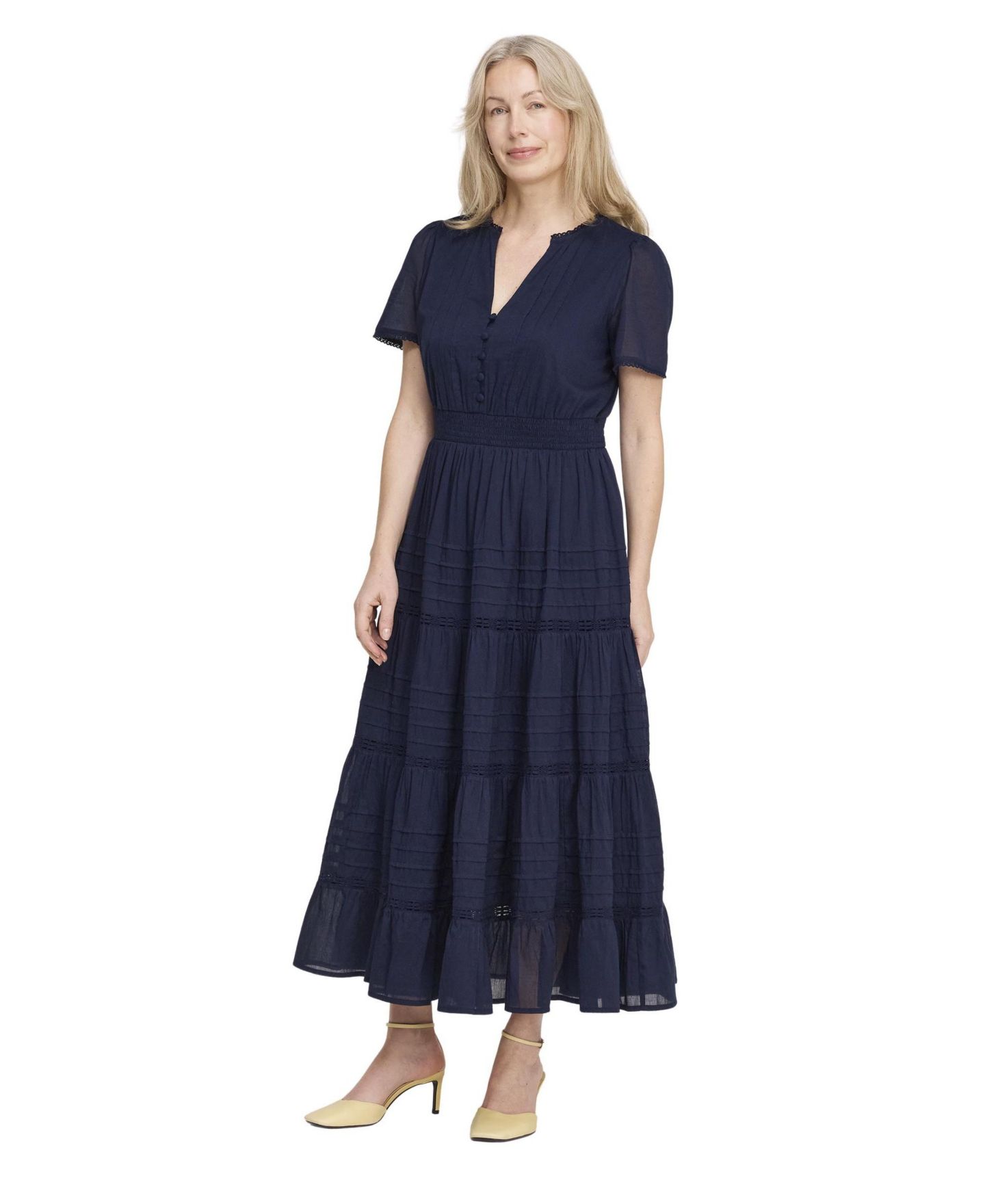 Женское платье Finery London Juniper V-Neck Tiered Short-Sleeve Cotton Midi, цвет: Тёмно-синий — фото 3