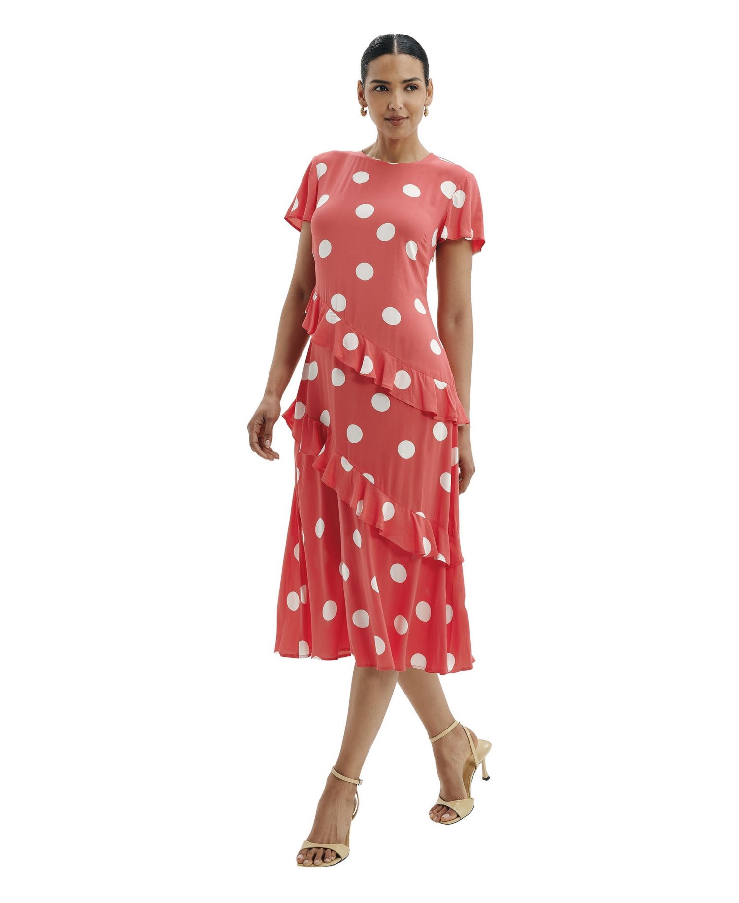 Women's Sierra Polka-Dot Asymmetric-Ruffle Midi Dress