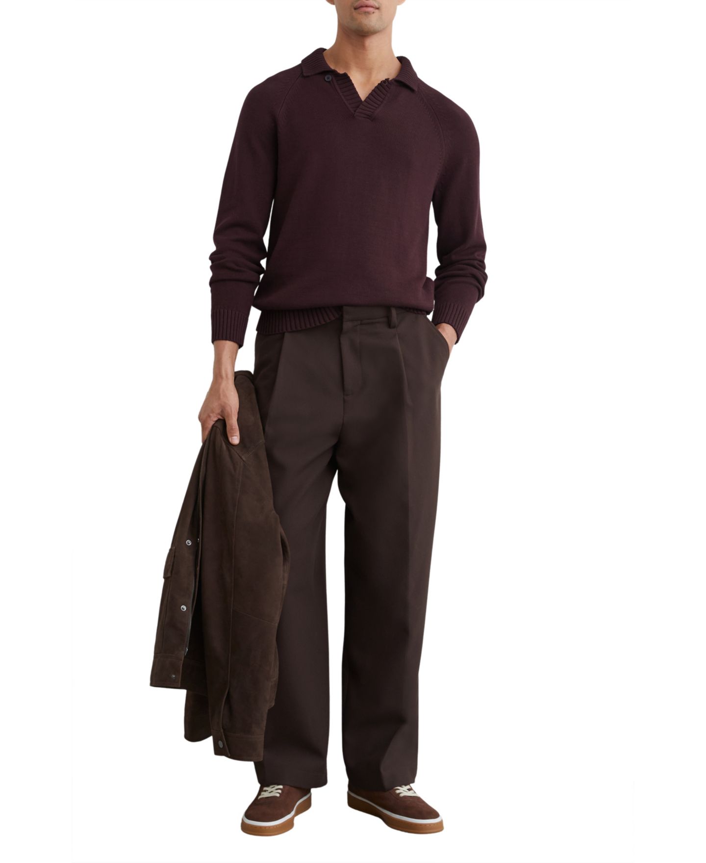 Мужской свитер REISS Ashdown Raglan-Sleeve Open-Collar Cotton Polo Sweater, цвет: Бордо — фото 3