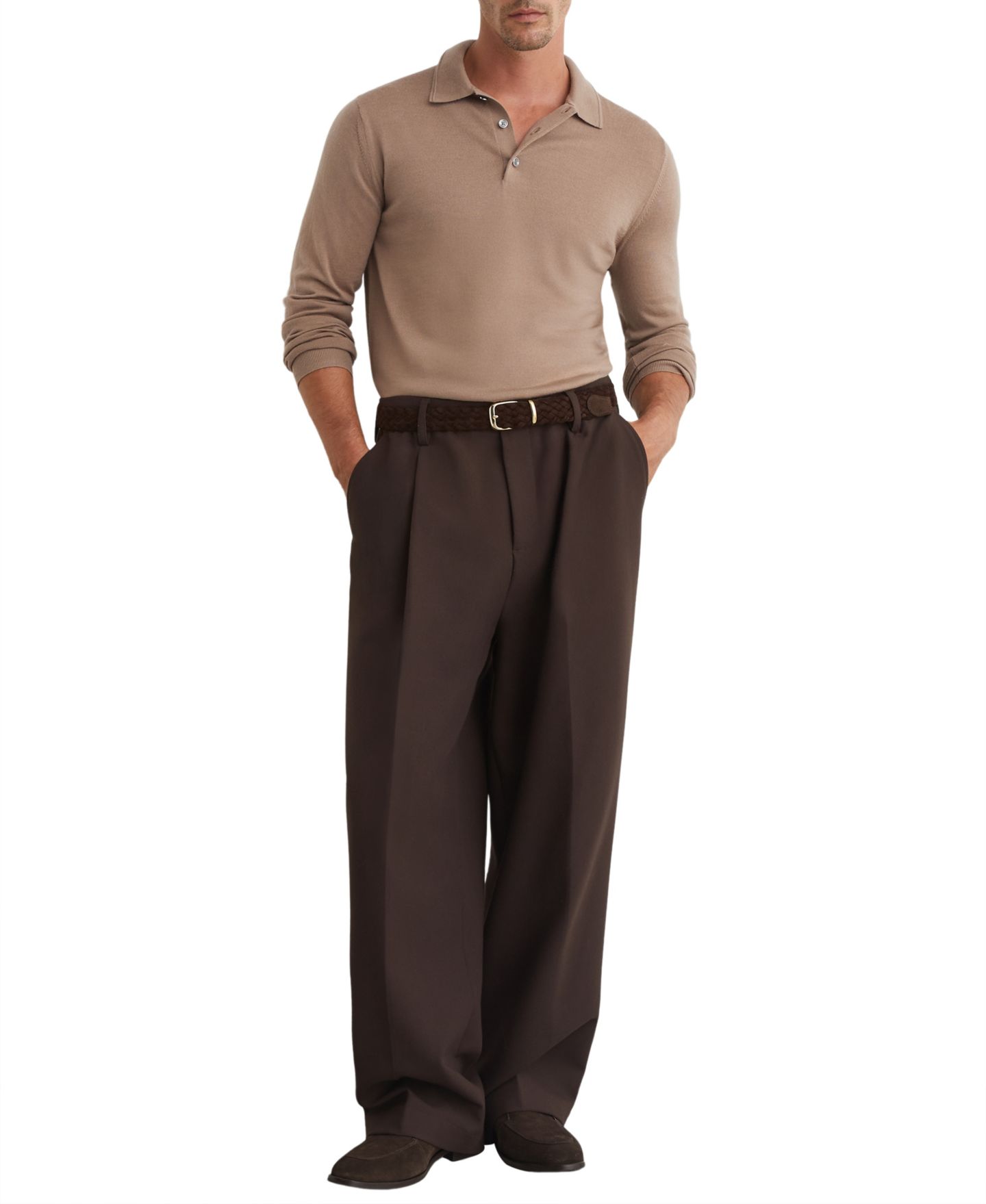 Мужское поло REISS Trafford Slim-Fit Long-Sleeve Merino Wool Polo Shirt, цвет: Верблюжий коричневый — фото 3