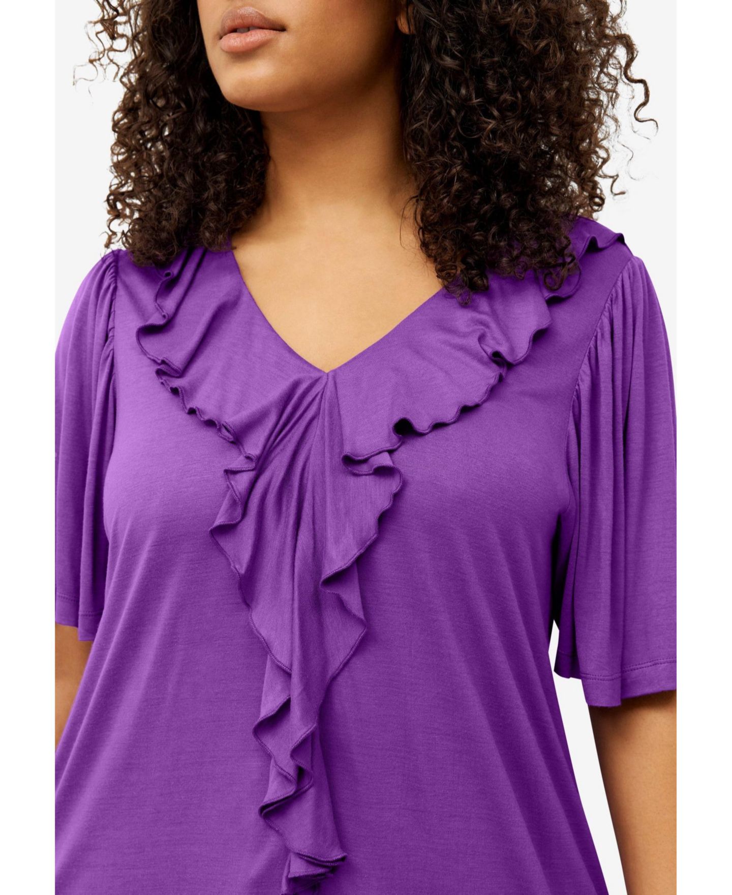 Женский топ ellos Ruffle Neckline Flutter Sleeve Tunic, цвет: Синий — фото 4