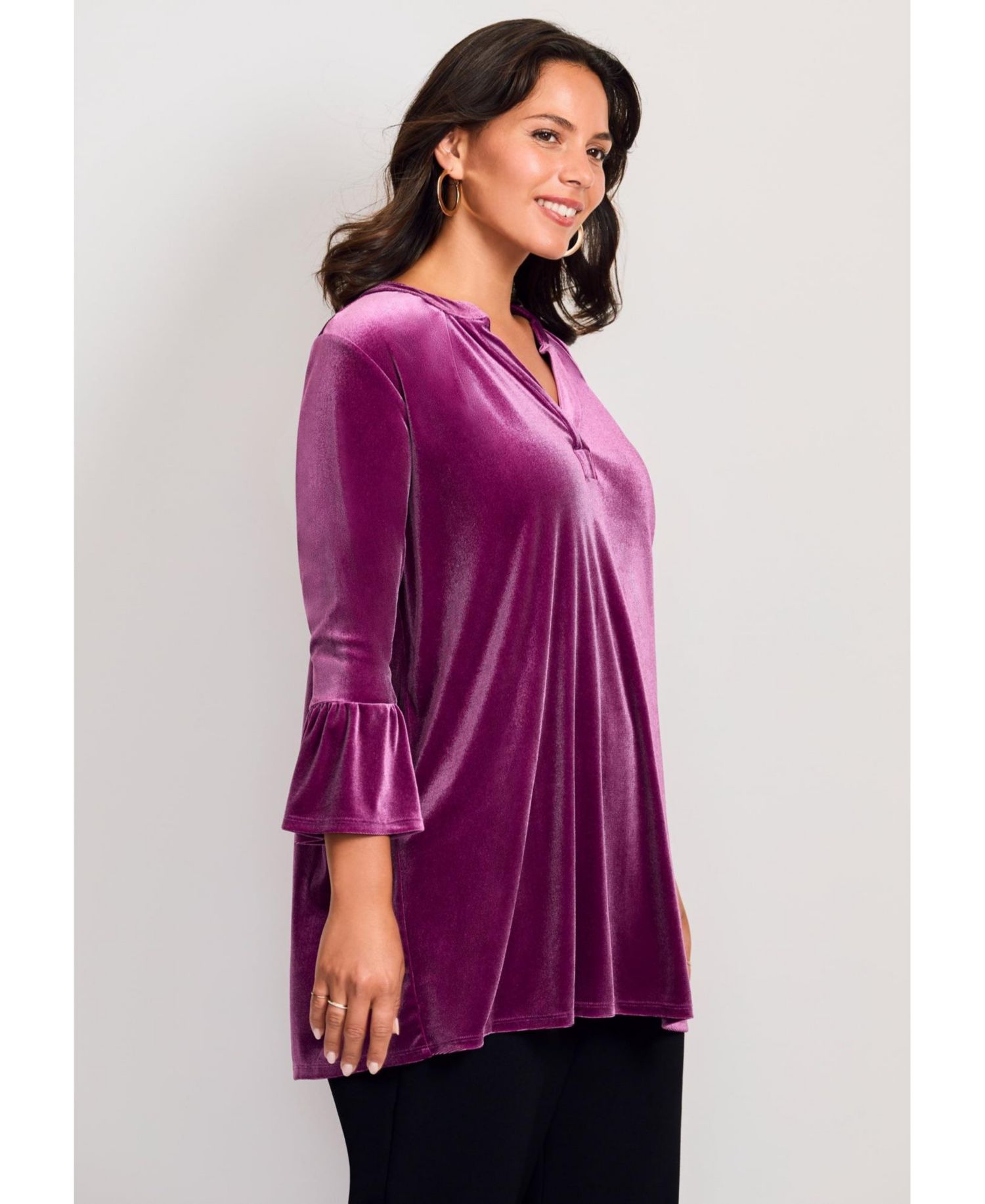 Women's Plus Size Split Neck Bell Sleeve Top