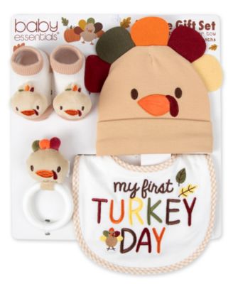 Baby Boys' or Baby Girls' Turkey-Themed Bib, Beanie, Socks & Teether, 4-Piece Set