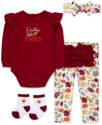 Baby Girls' Daddy's Little Pumpkin Long-Sleeve Ribbed Bodysuit, Leggings, Headband & Socks, 4-Piece Set