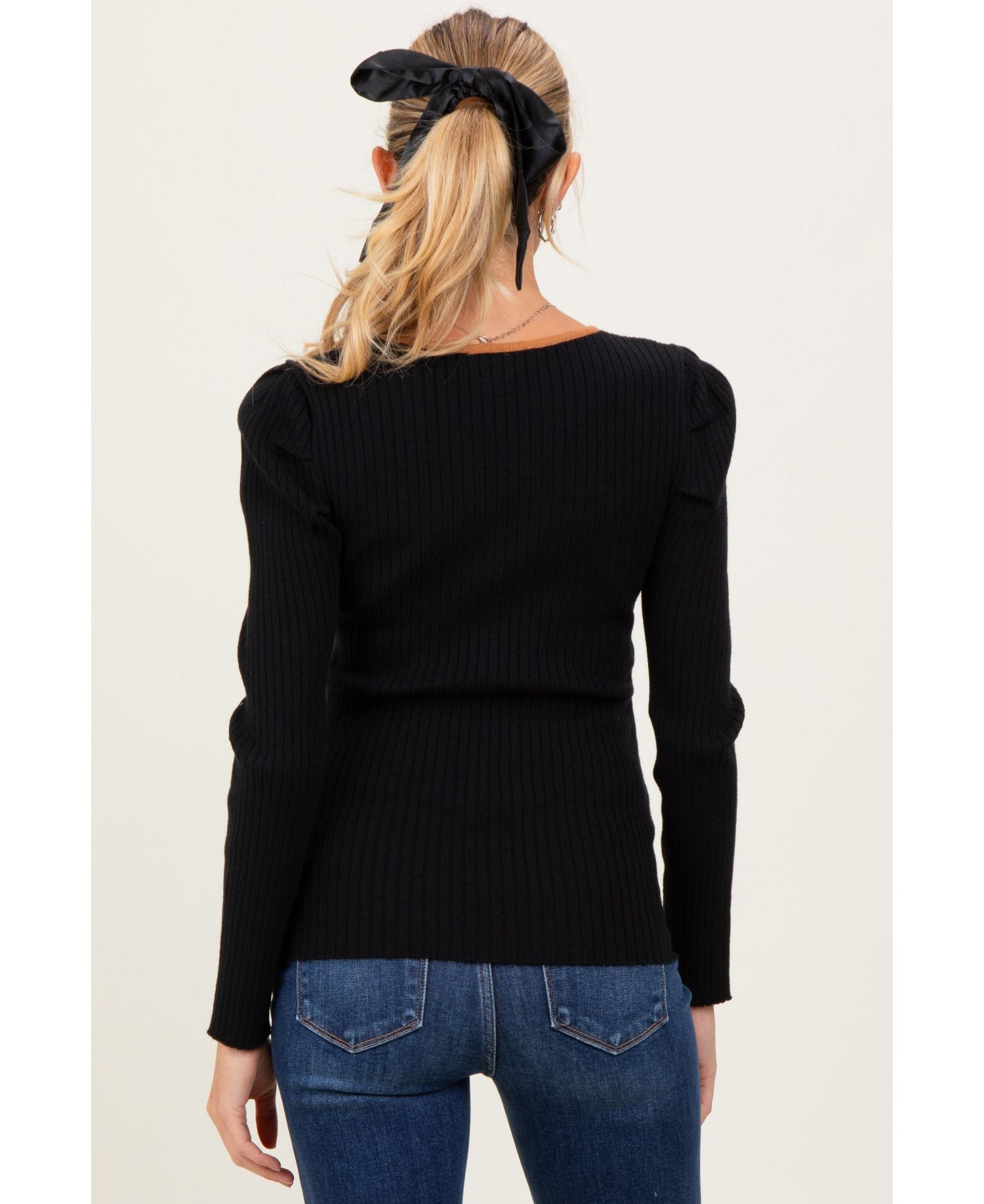Maternity Ribbed Knit Cutout Tie Front Long-Sleeve Top