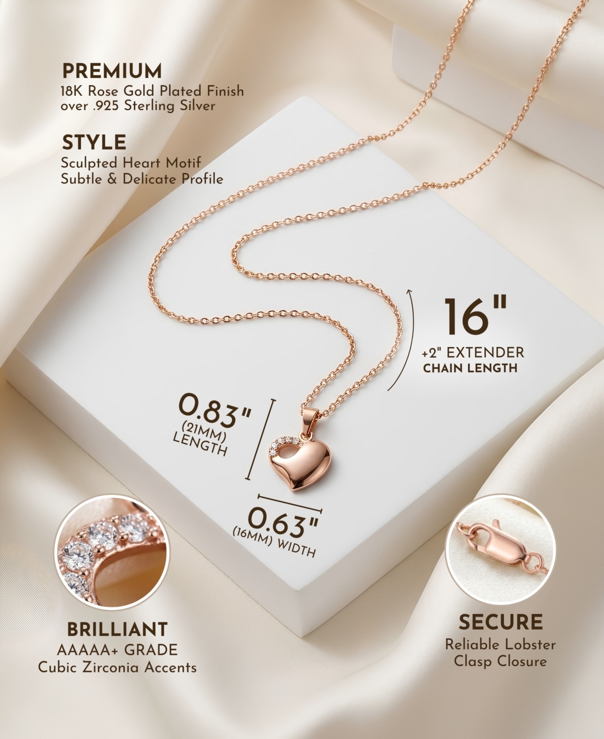 Genevive Stylish Sterling Silver 18K Rose Gold Plated Cubic Zirconia Curve Heart Necklace