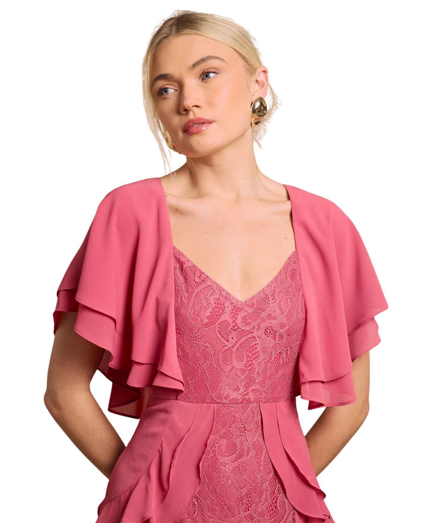Женское платье Oasis Lace Ruffle V-Neck, цвет: Пустынный розовый — фото 4
