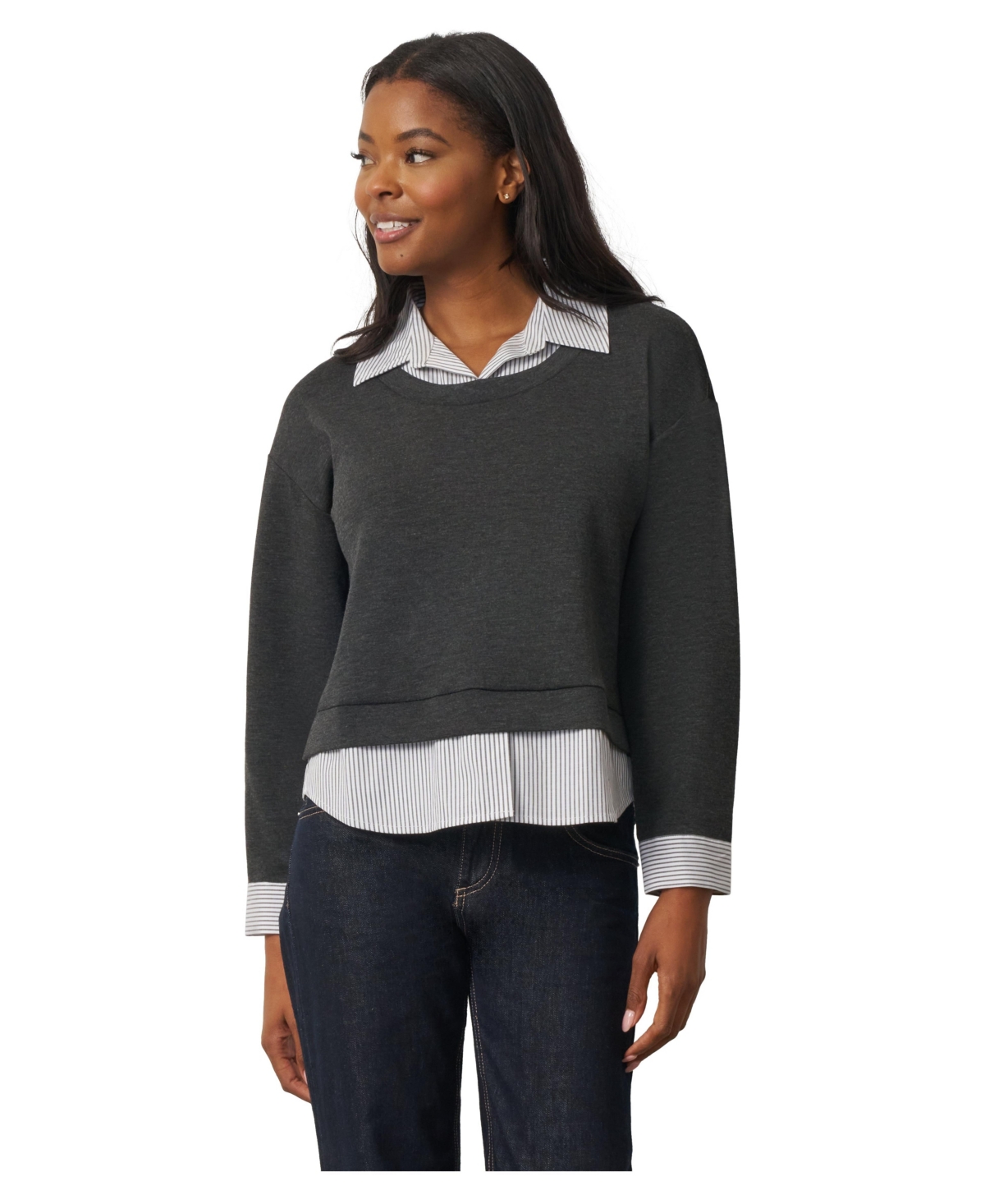 Cable & Gauge Women's Twofer Striped Poplin Collar Long-Sleeve Blouse
