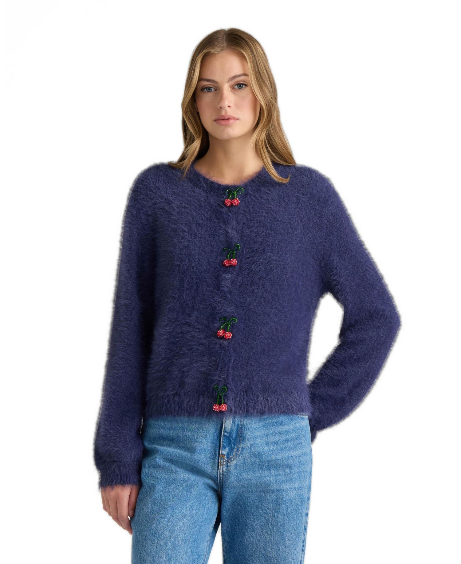 Women's Cherry Long-Sleeve Crew-Neck Cardigan