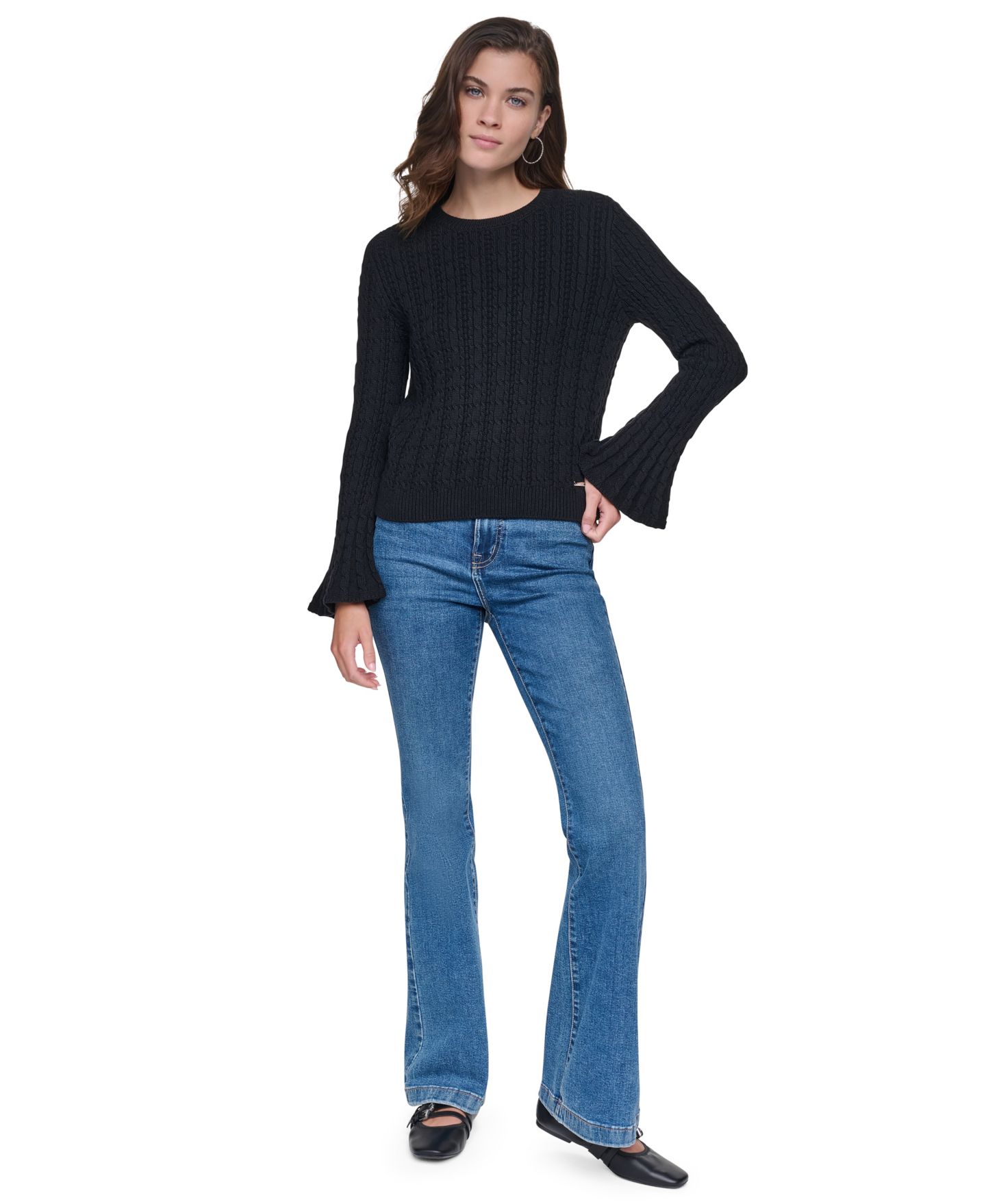 Женский свитер DKNY Jeans Cable-Knit Ruffled-Cuff Pullover, цвет: Чёрный — фото 2