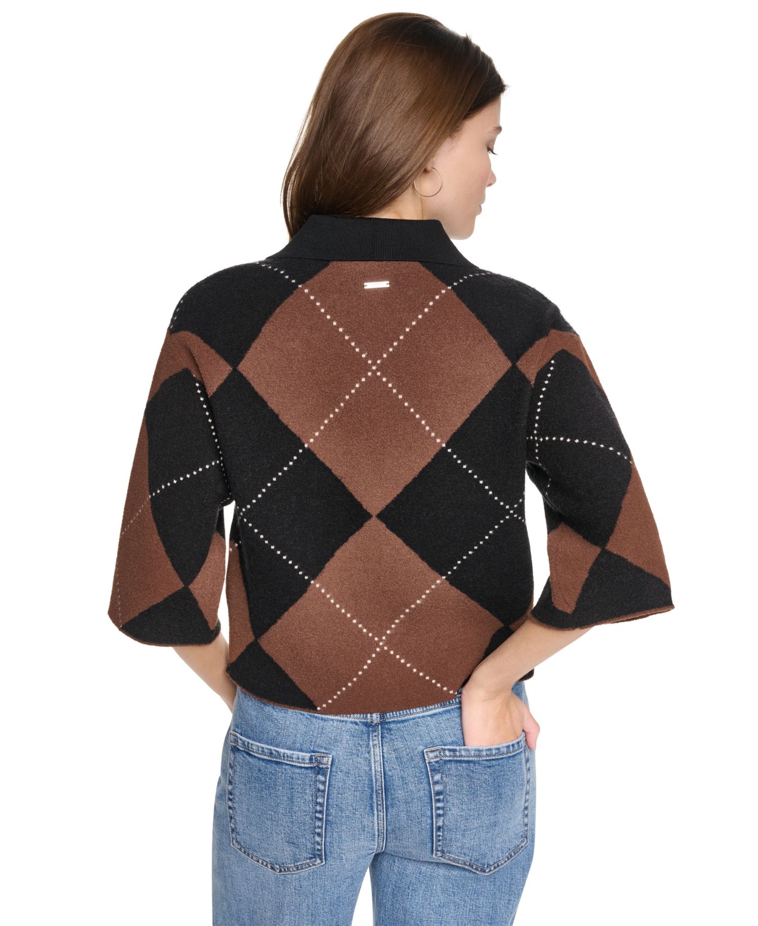 Women's Fuzzy-Knit Argyle Polo Collar Cardigan