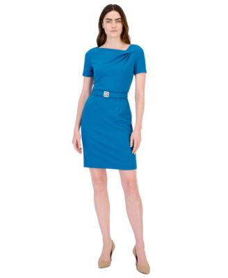 Petite Short-Sleeve Pleated Asymmetrical-Neckline Dress