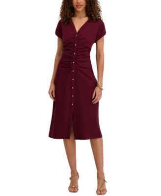 Women's V-Neck Short-Sleeve Midi Shirt Dress