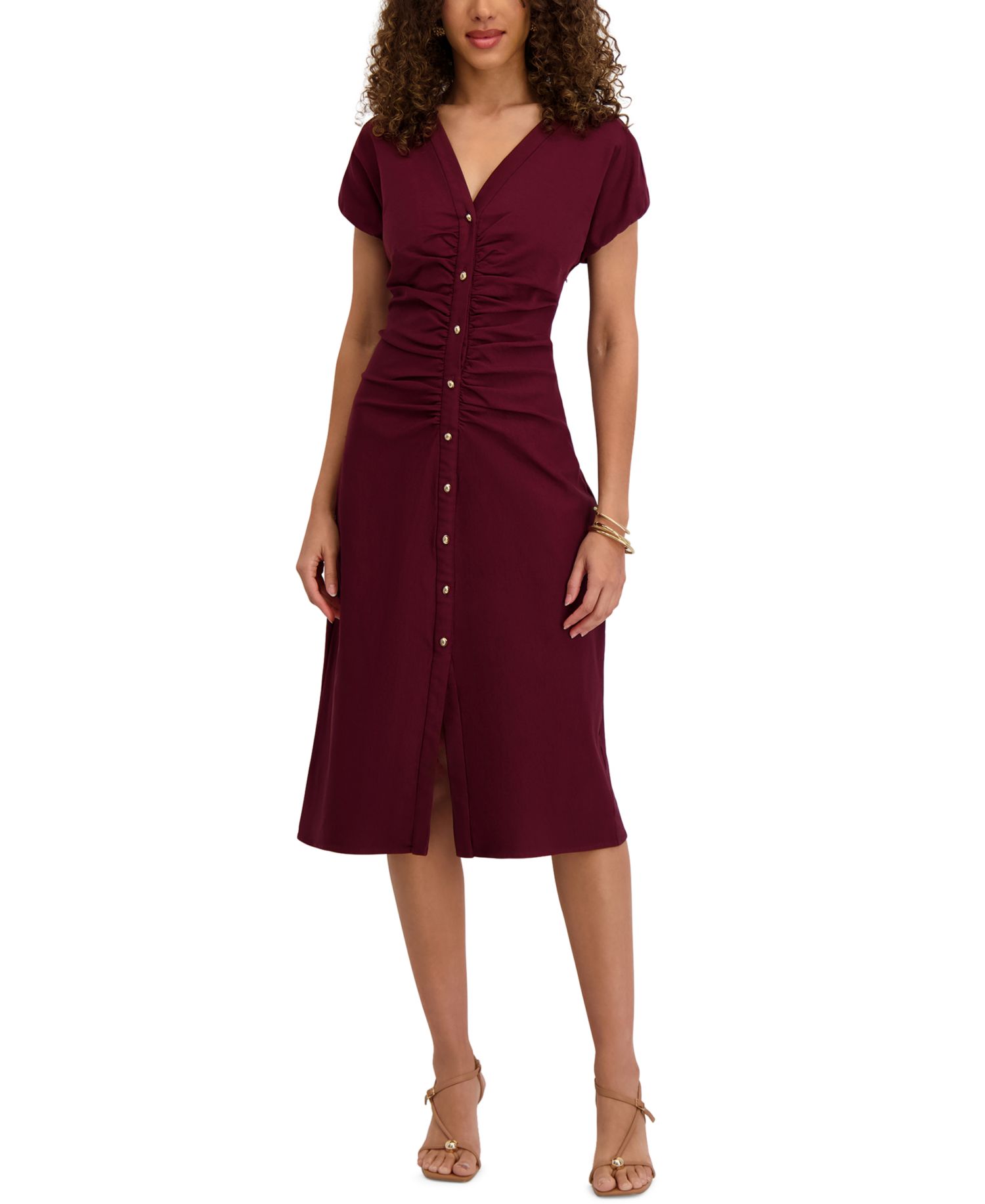 Women's V-Neck Short-Sleeve Midi Shirt Dress
