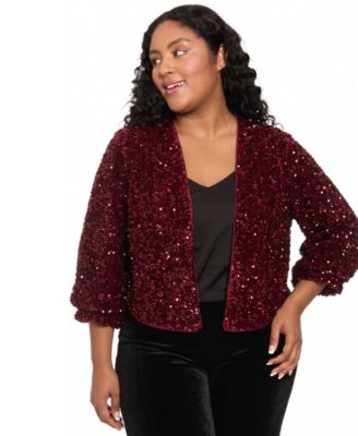 Plus Size Sequin V-Neck 3/4-Sleeve Bomber Jacket