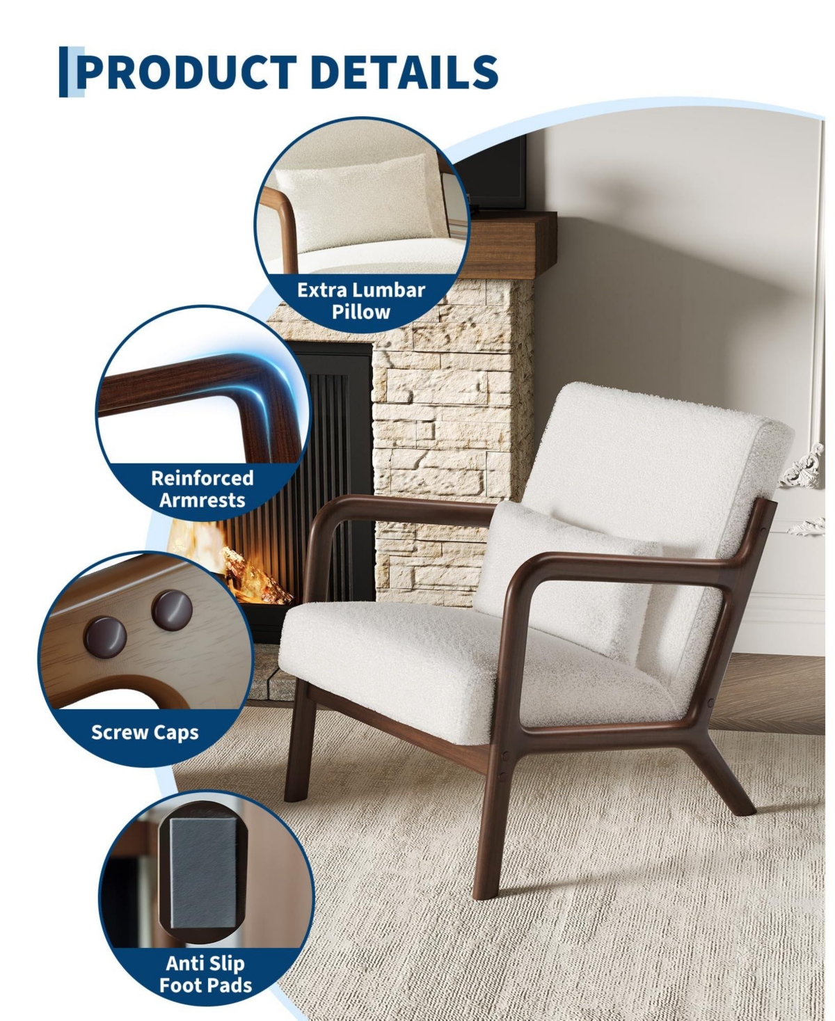 gaomon Mid-Century Modern Accent Chair, Sherpa Upholstery, Armchair with Removable Lumbar Pillow, Sturdy Reading Chair for Living Room, Bedroom