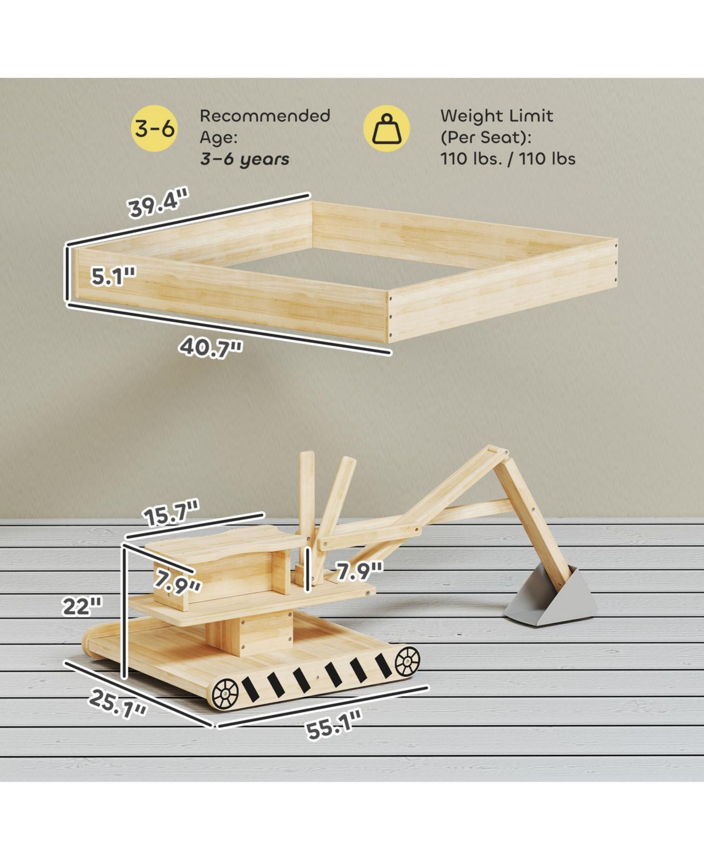 Детская игрушка Glintex Wooden Sandbox with 360-Degree Digger and Liner, 72 x 35 in, цвет: Натуральный — фото 5