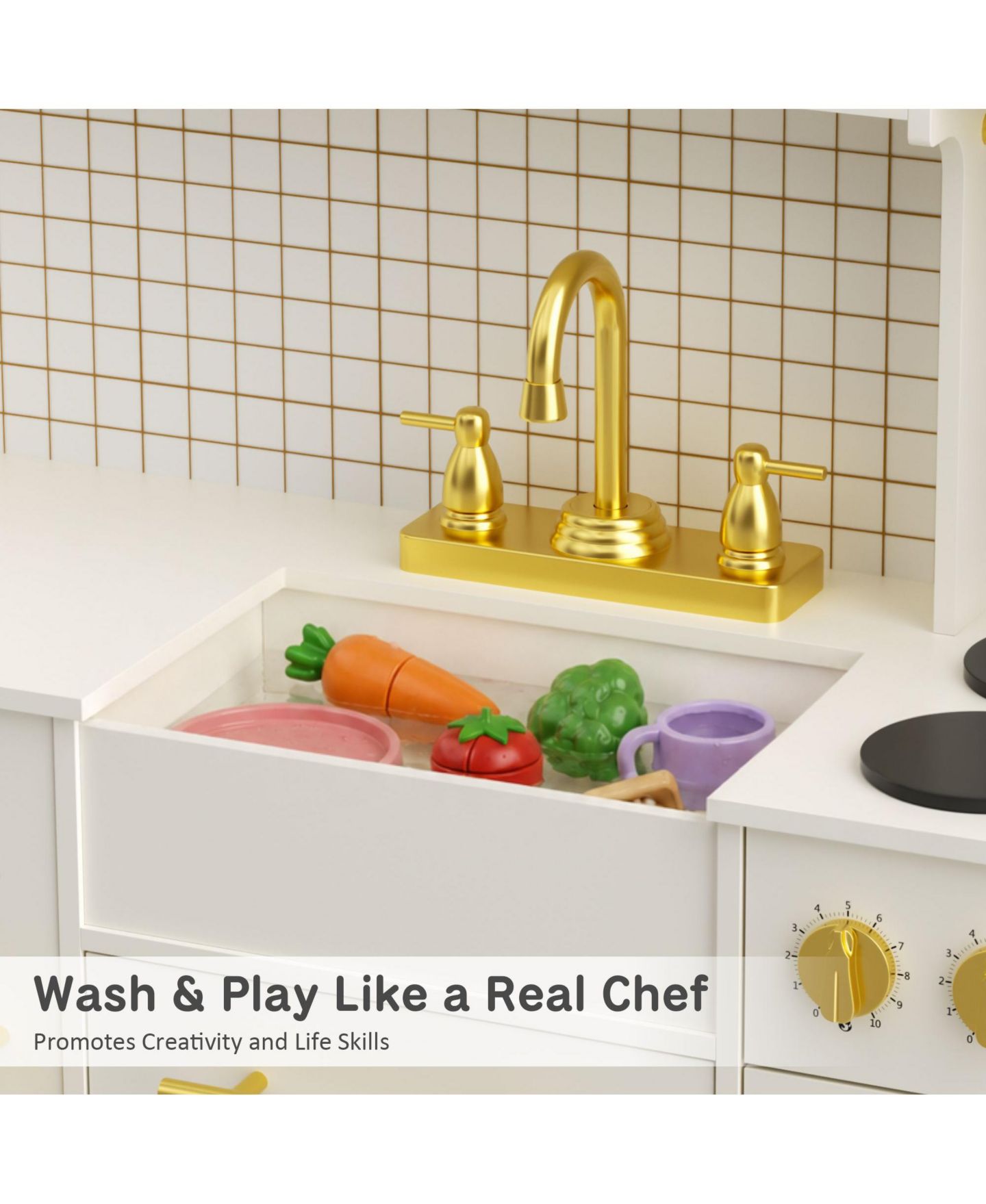 Детские игрушки Kinder King Kids Play Kitchen, Wooden Toy Kitchen Playset for Toddler, Pretend Oven, Microwave, Kitchen Sets for Age 3+, цвет: Бежевый / Хаки — фото 8