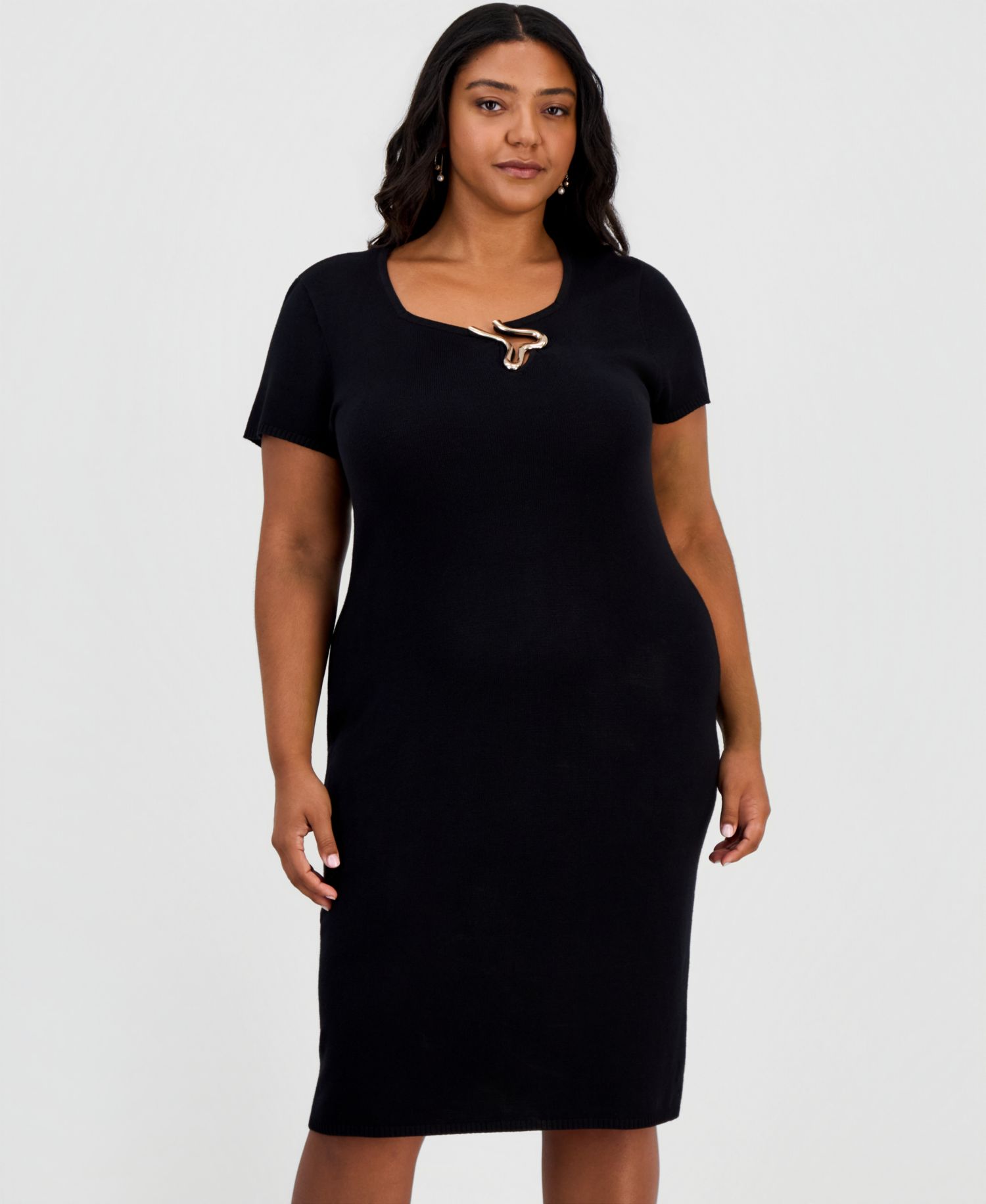 Plus Size Square Neck Short-Sleeve Hardware-Detail Midi Dress