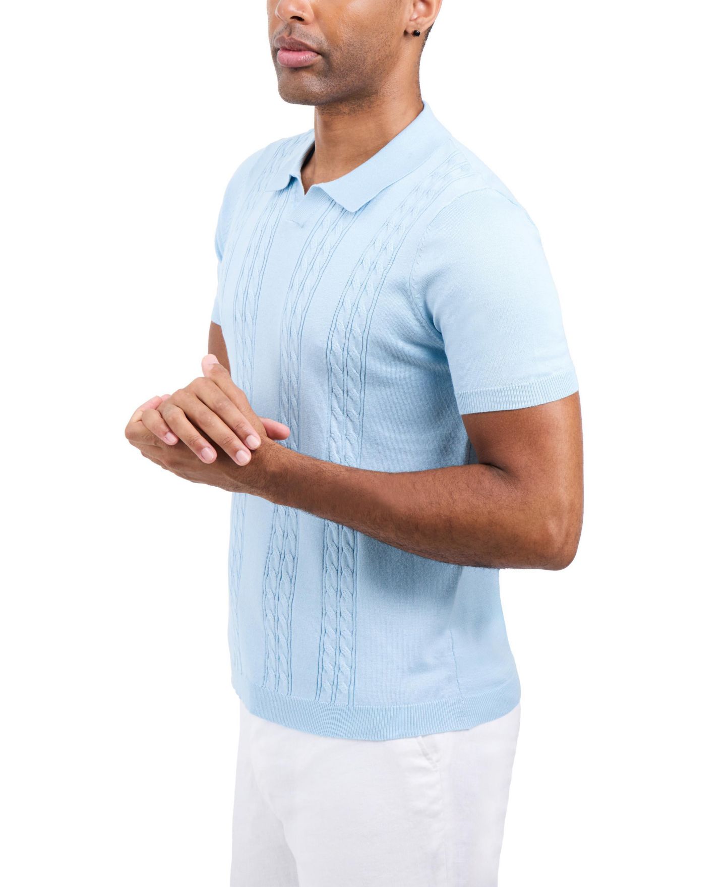 Мужские топы SPRING + MERCER Cable Knit Johnny Collar Short Sleeve Sweater Polo, цвет: Синий — фото 3