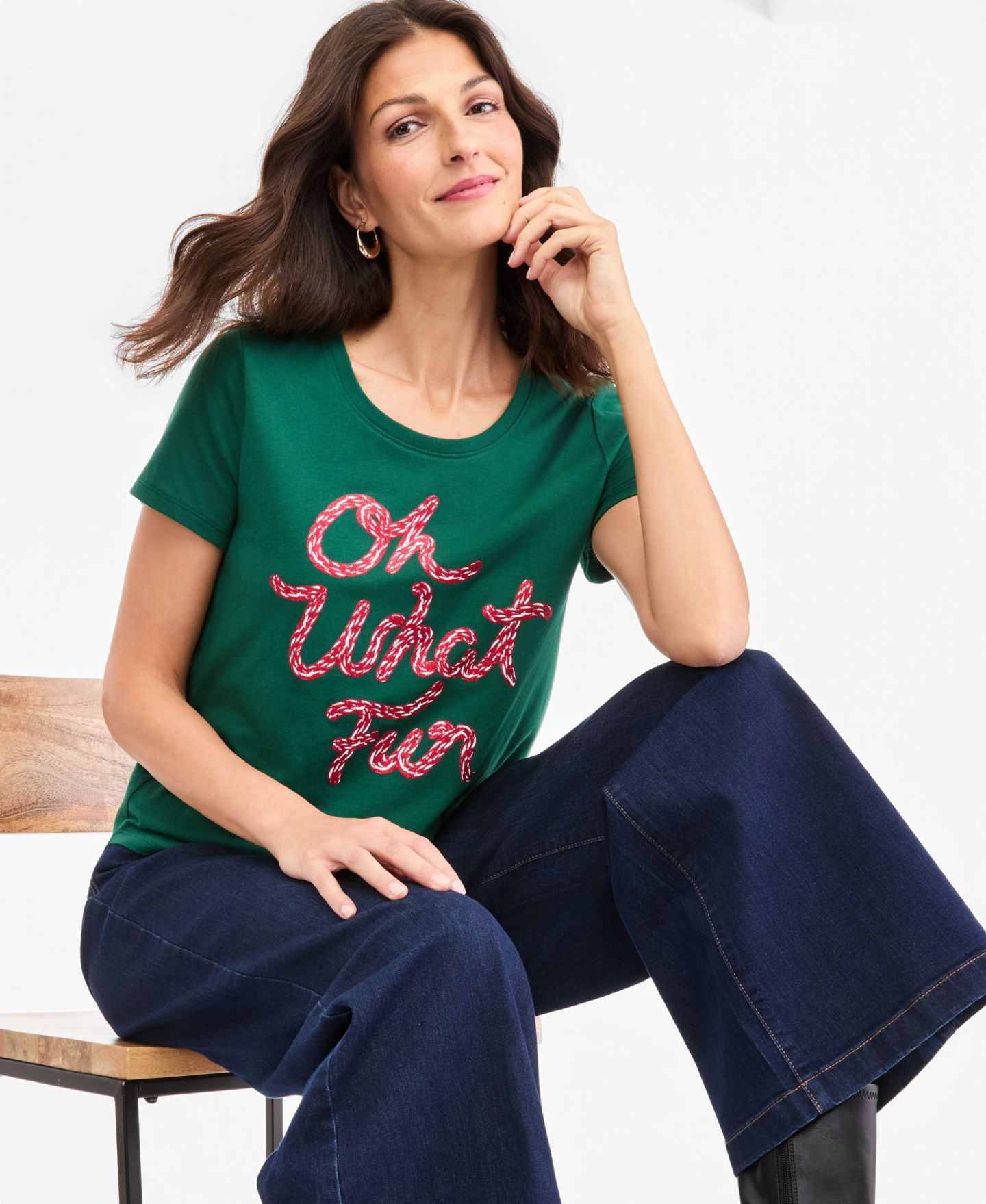 Женская футболка Style & Co Holiday Graphic Short-Sleeve Crewneck, цвет: Зелёный — фото 2