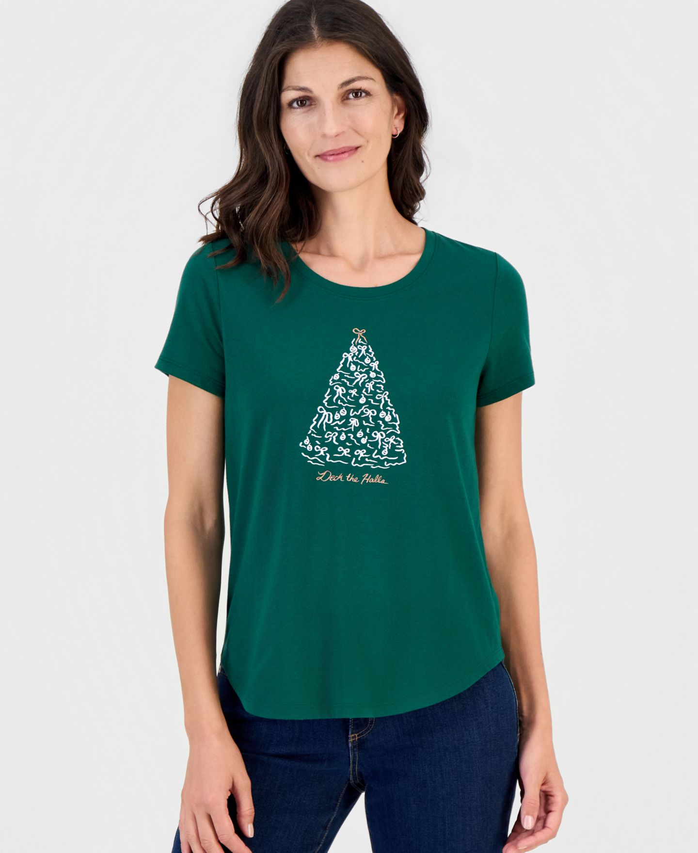 Женская футболка Style & Co Petite Crewneck Short-Sleeve Holiday, цвет: Зелёный — фото 1