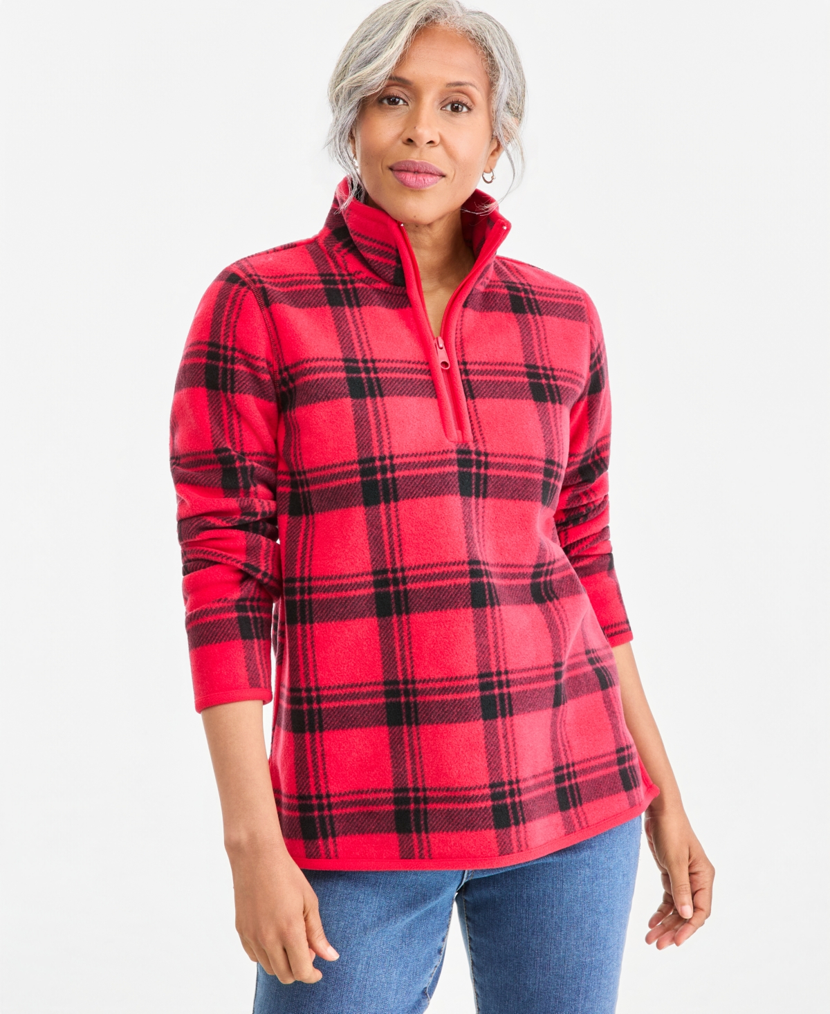 Style & Co Women's Printed Polar Fleece Quarter Zip Sweatshirt, Macy's Exclusive - Lollipop