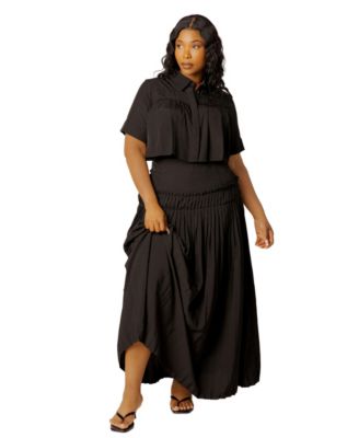 Plus Size Pleated Cropped Collared Top and Skirt Set