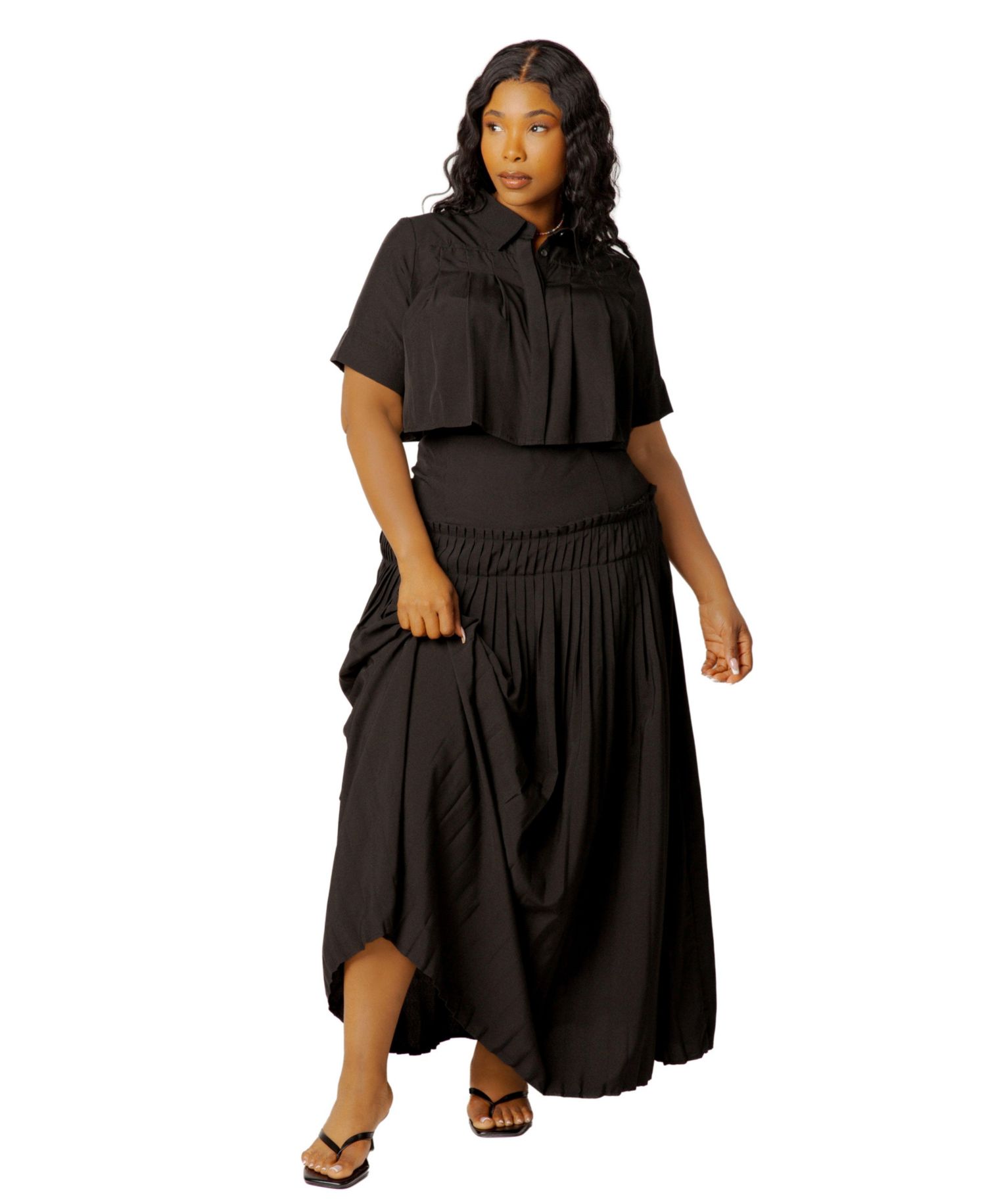 Plus Size Pleated Cropped Collared Top and Skirt Set
