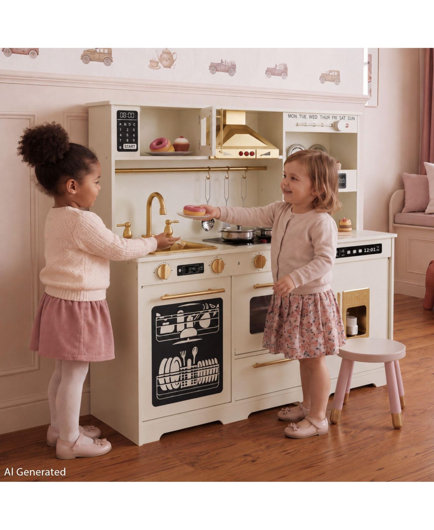 Детские игрушки Kinder King Kids Play Kitchen, Wooden Toy Kitchen Playset for Toddler, Pretend Oven, Microwave, Kitchen Sets for Age 3+, цвет: Бежевый / Хаки — фото 2