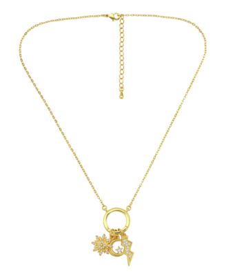 14k Gold-Plated Over Brass Circle Charm Holder with Sun, Moon, Star and Lightning Bolt Charms Necklace
