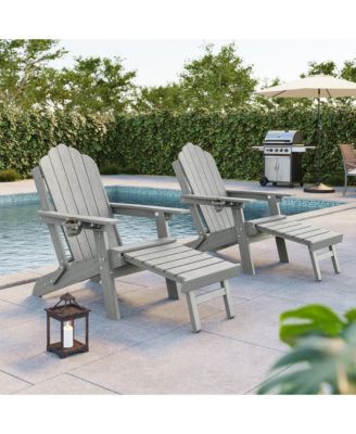 2Pcs 3-Position Reclining Adirondack Chair w/Retractable Ottoman, Folding Patio Chair with Cup Holder, Heavy Duty HDPE Fire Pit Seating 350lbs