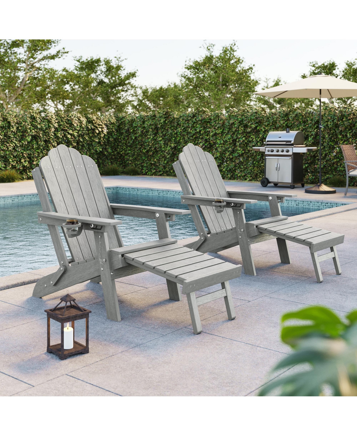 Sonkuki 2Pcs 3-Position Reclining Adirondack Chair w/Retractable Ottoman, Folding Patio Chair with Cup Holder, Heavy Duty Hdpe Fire Pit Seating 350lbs