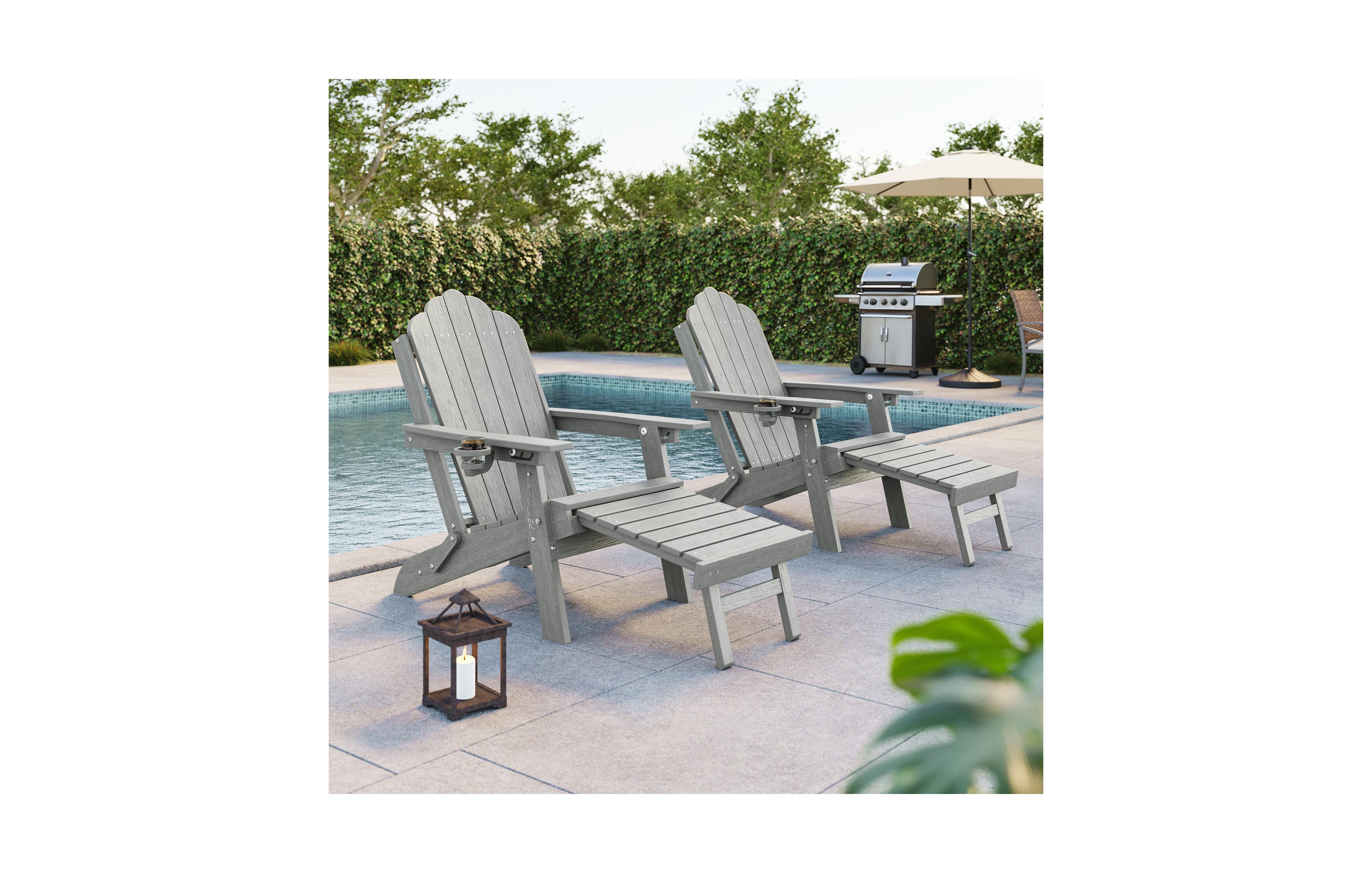 Sonkuki 2Pcs 3-Position Reclining Adirondack Chair w/Retractable Ottoman, Folding Patio Chair with Cup Holder, Heavy Duty Hdpe Fire Pit Seating 350lbs