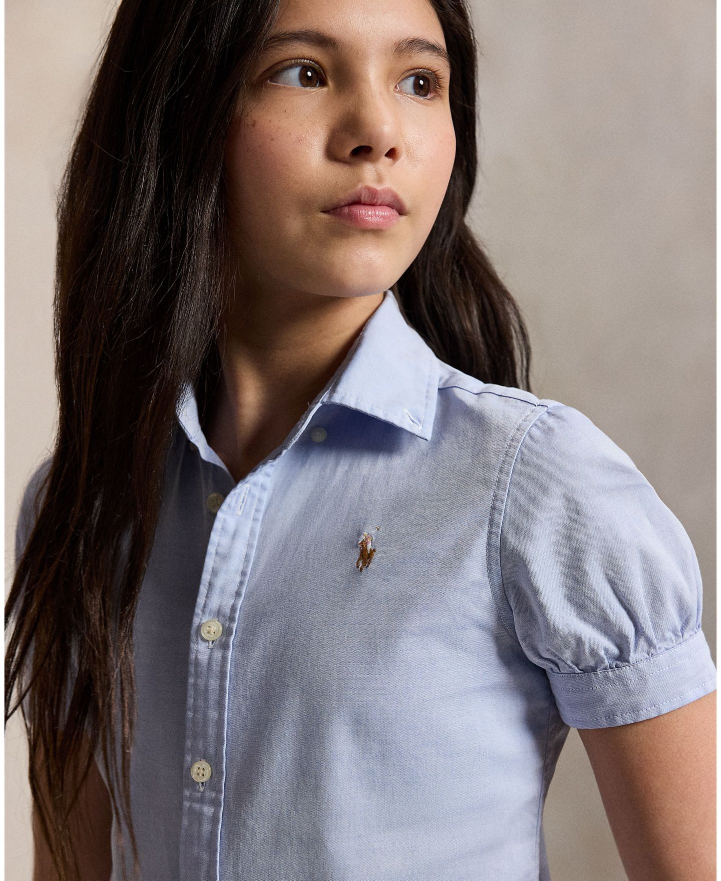 Топ Polo Ralph Lauren Short-Sleeve Solid Oxford для девочек, цвет: Синий — фото 4