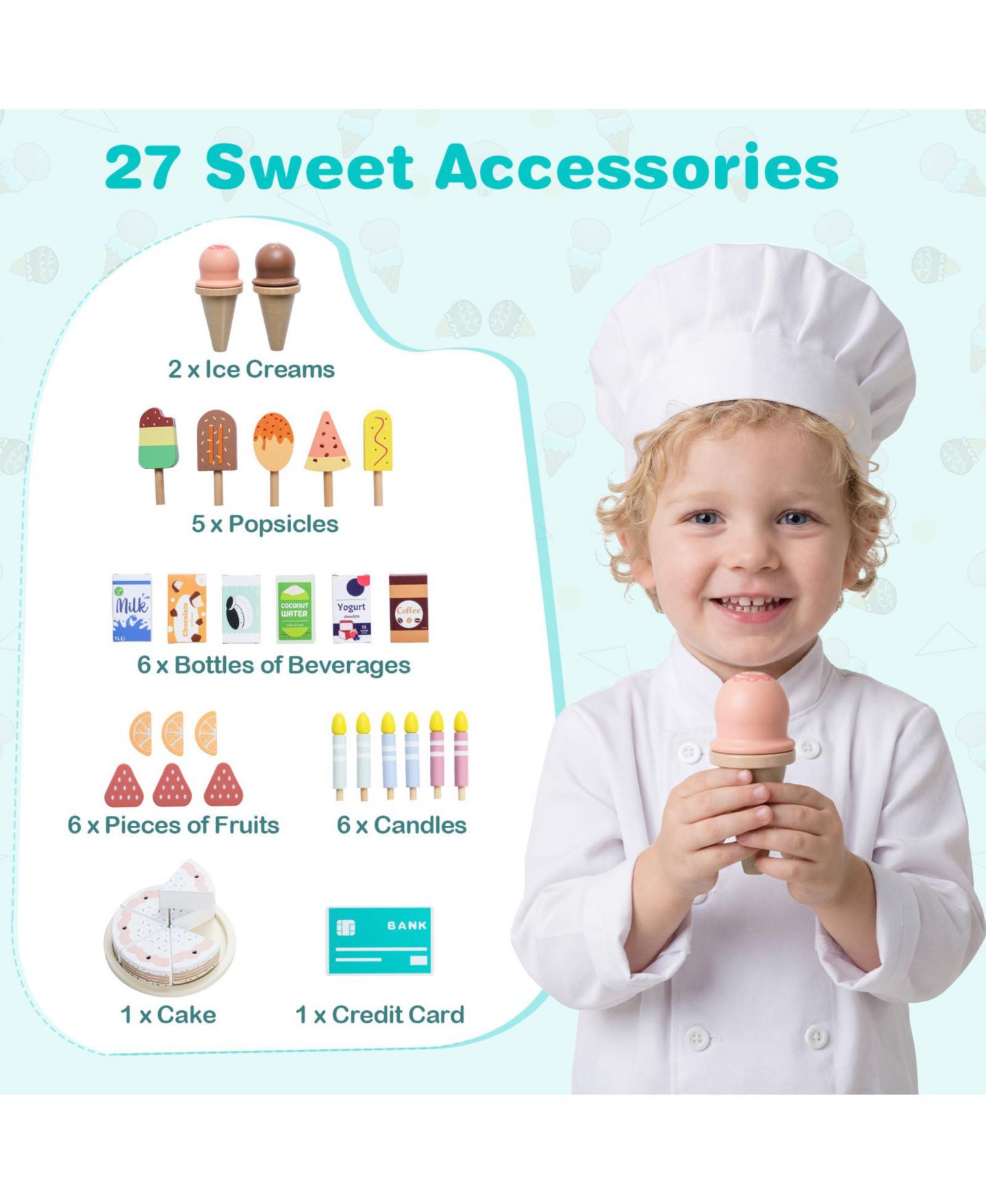 Детский игровой набор Gymax Ice Cream Shop Wooden 27-Piece Playset, Ages 3+, цвет: Синий — фото 5