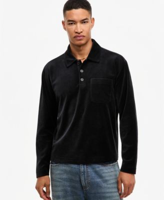 Men's Long-Sleeve Relaxed-Fit Velour Polo Shirt