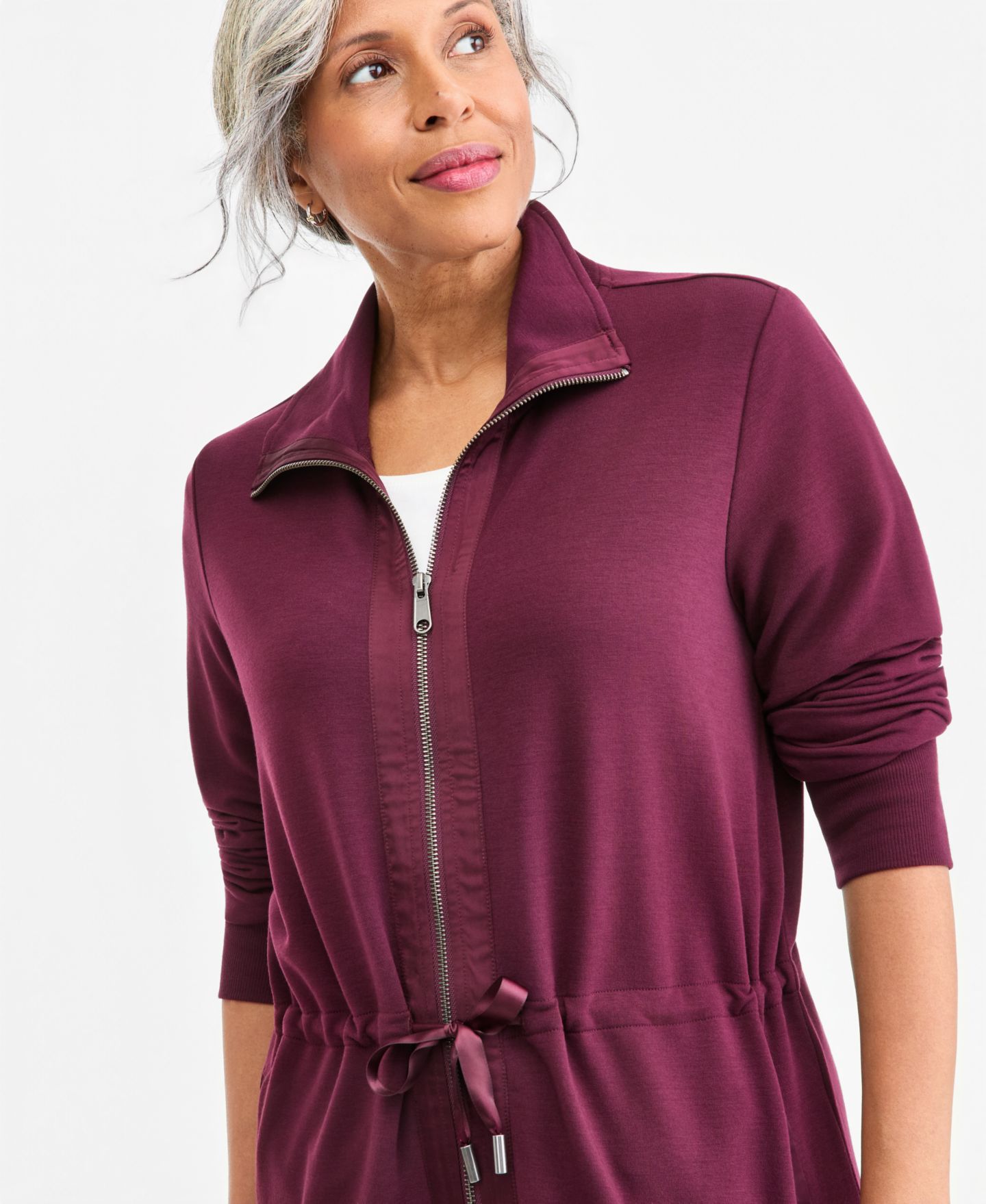 Женская куртка Style & Co Plus Size LuxLounge French Terry Zip-Up Satin-Trim, цвет: Ягодный — фото 3