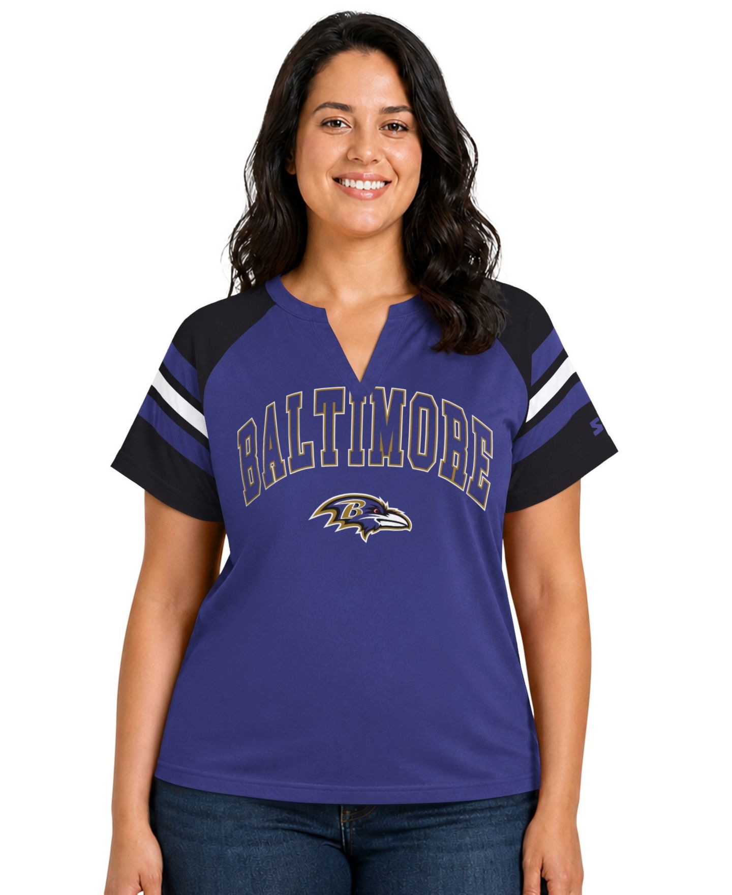 Женская футболка Starter Purple Baltimore Ravens Plus Size Game On Notch Neck Raglan — фото 1