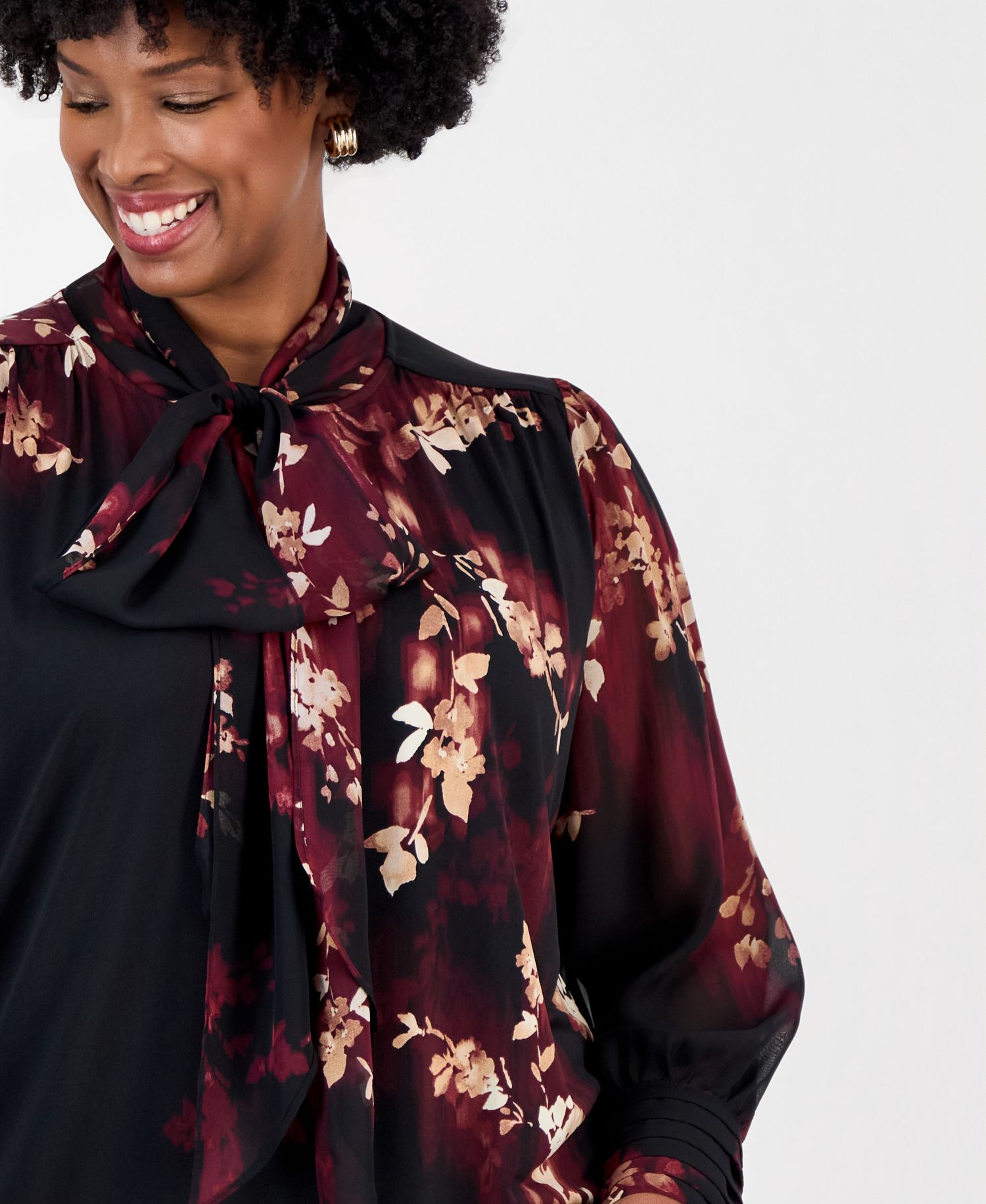 Plus Size Long Sleeve Tie Neck Floral Blouse