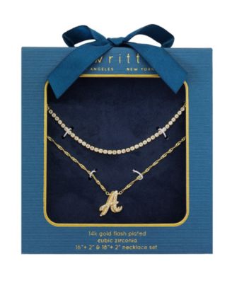 Cubic Zirconia Gold-Plated Initial Pendant Necklace Set