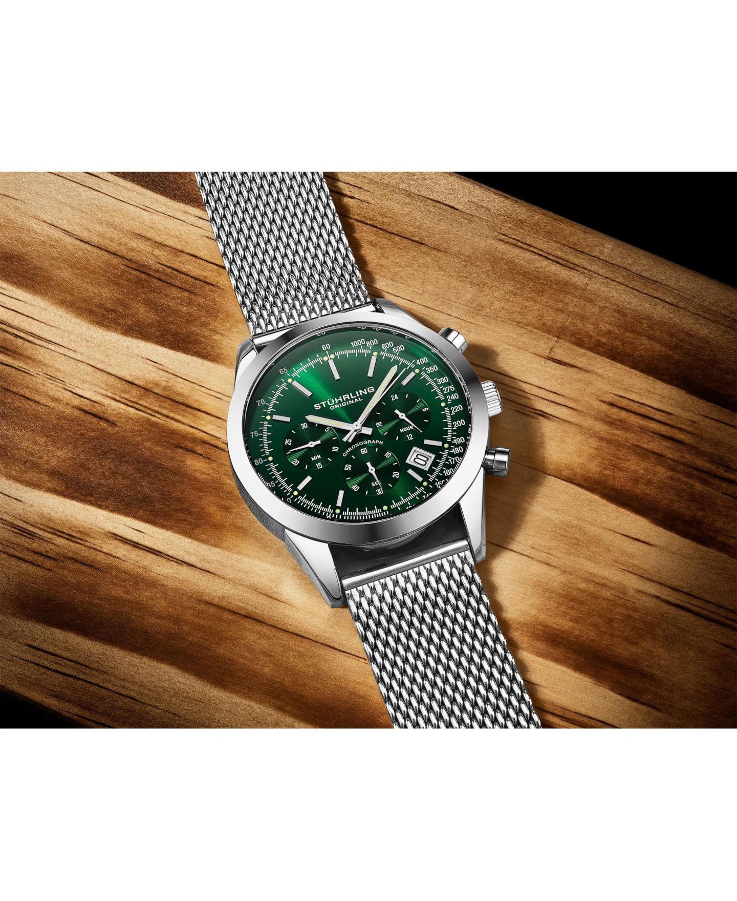 Мужские часы Stuhrling Rialto 3975.9, хронограф, 44 мм, зелёный циферблат, браслет, цвет: Серебряный — фото 5