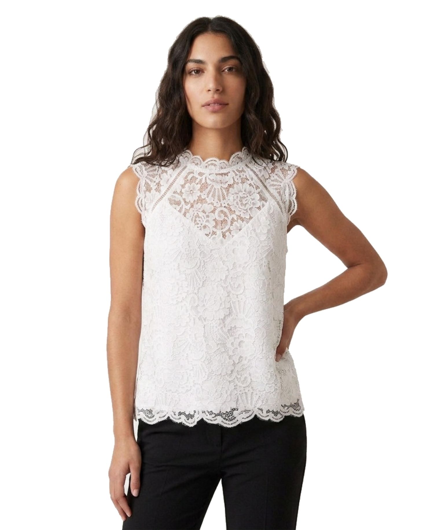 Women's Floral-Lace Ruffle-Neck Sleeveless Top