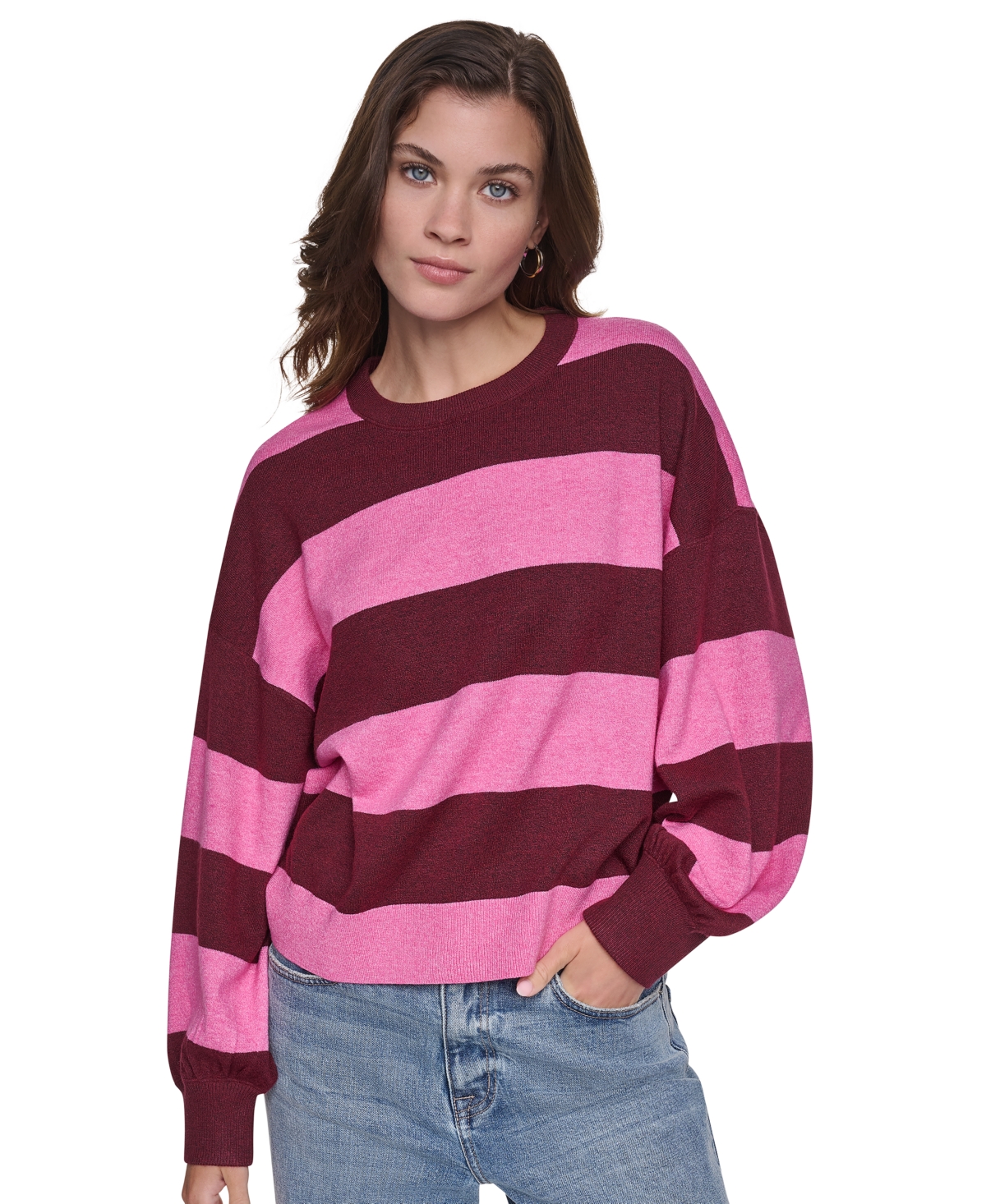 Dkny Jeans Women's Striped Blouson-sleeve Oversized Sweater In Taffy,claret