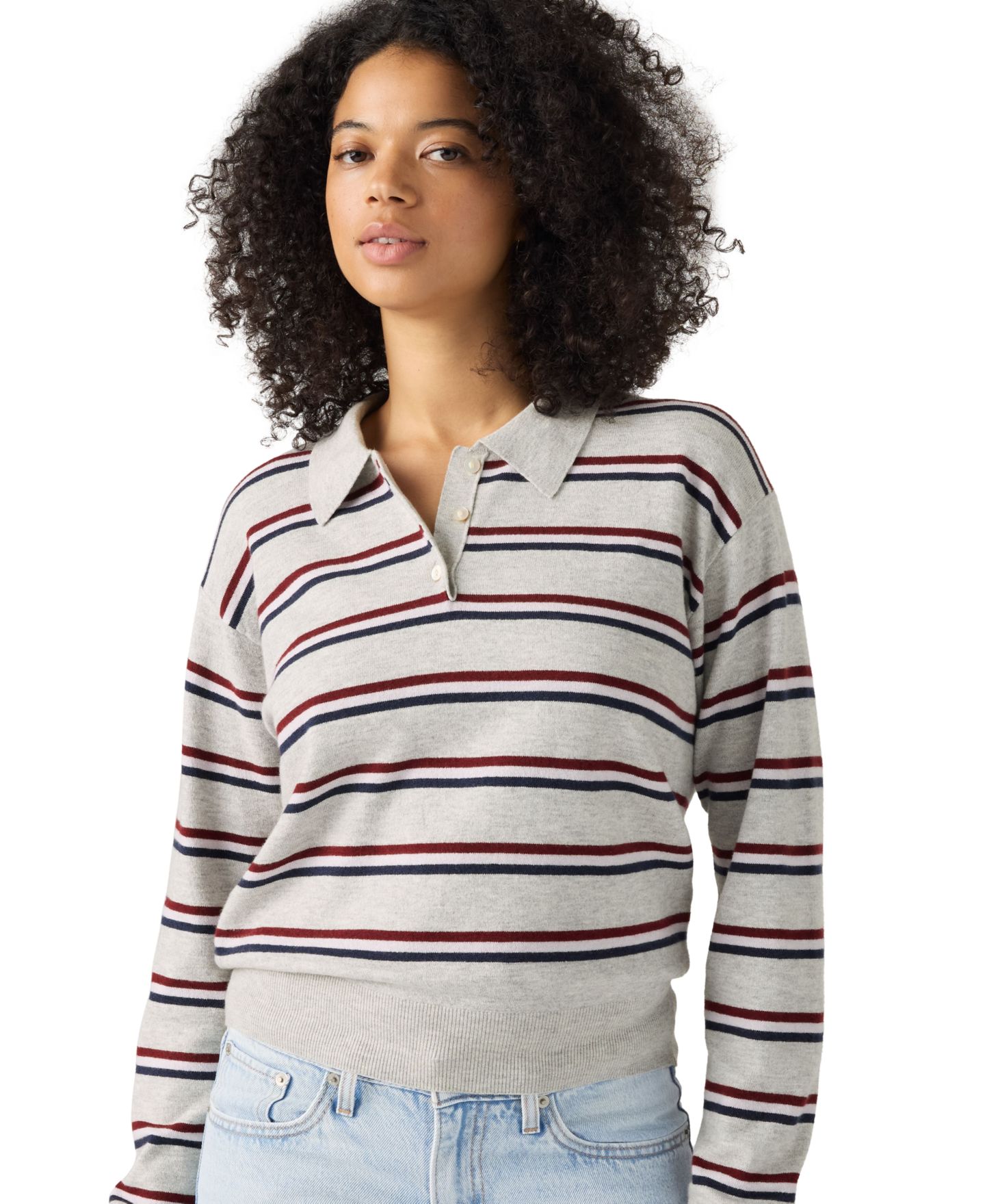 Женский свитер Levi's Premium Long-Sleeve Polo, цвет: Нефритовый полосатый серый меланжевый — фото 3