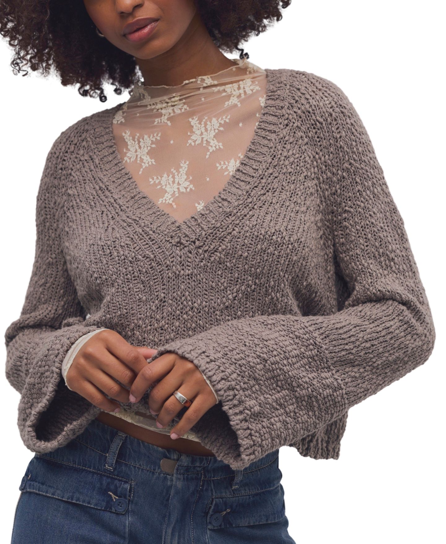 Женский свитер Free People Heartland Cropped Flared-Sleeve V-Neck Pullover, цвет: Коричневый — фото 6