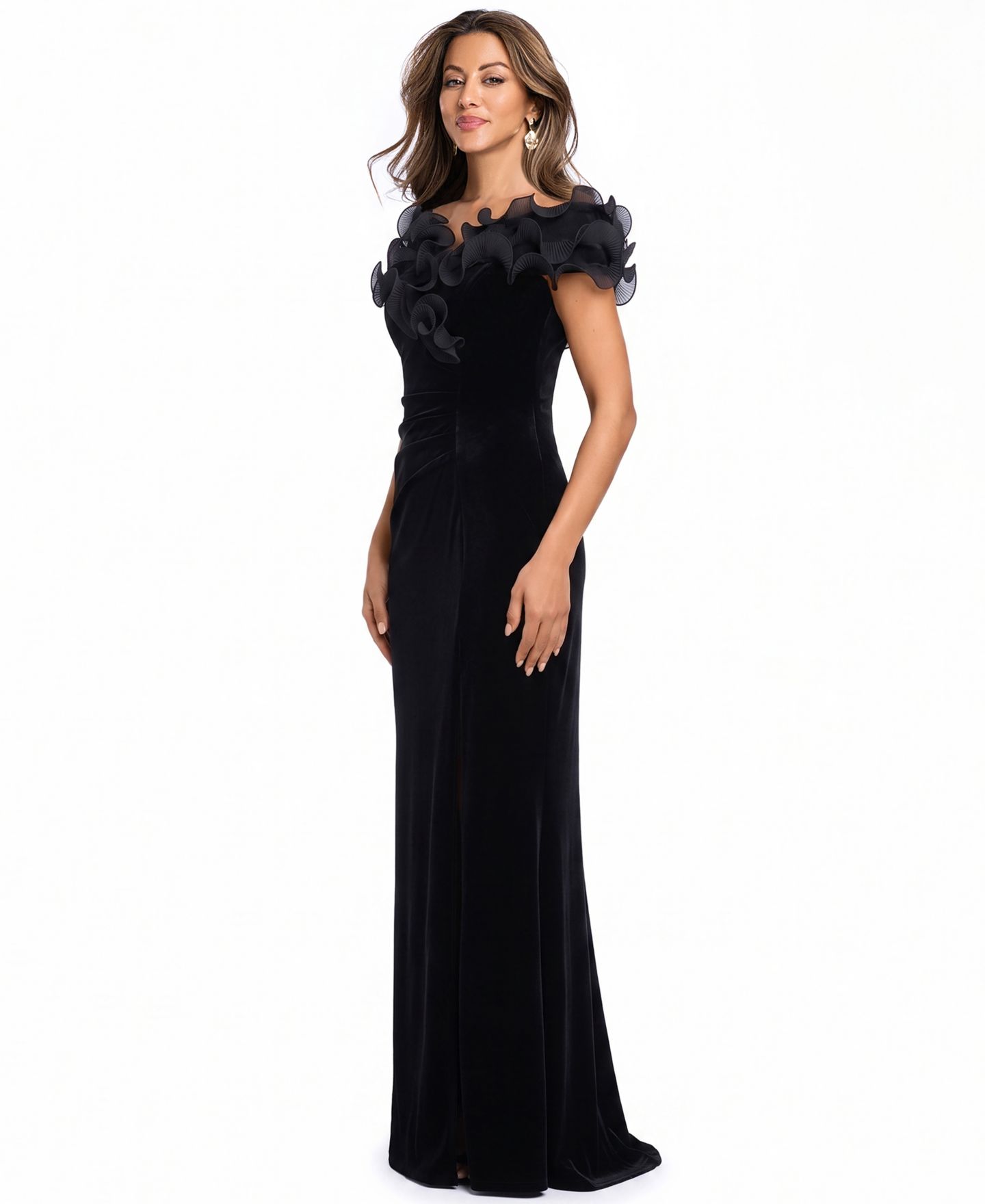 Женское платье XSCAPE Velvet Off-the-Shoulder Ruffled Long Gown, цвет: Чёрный — фото 4