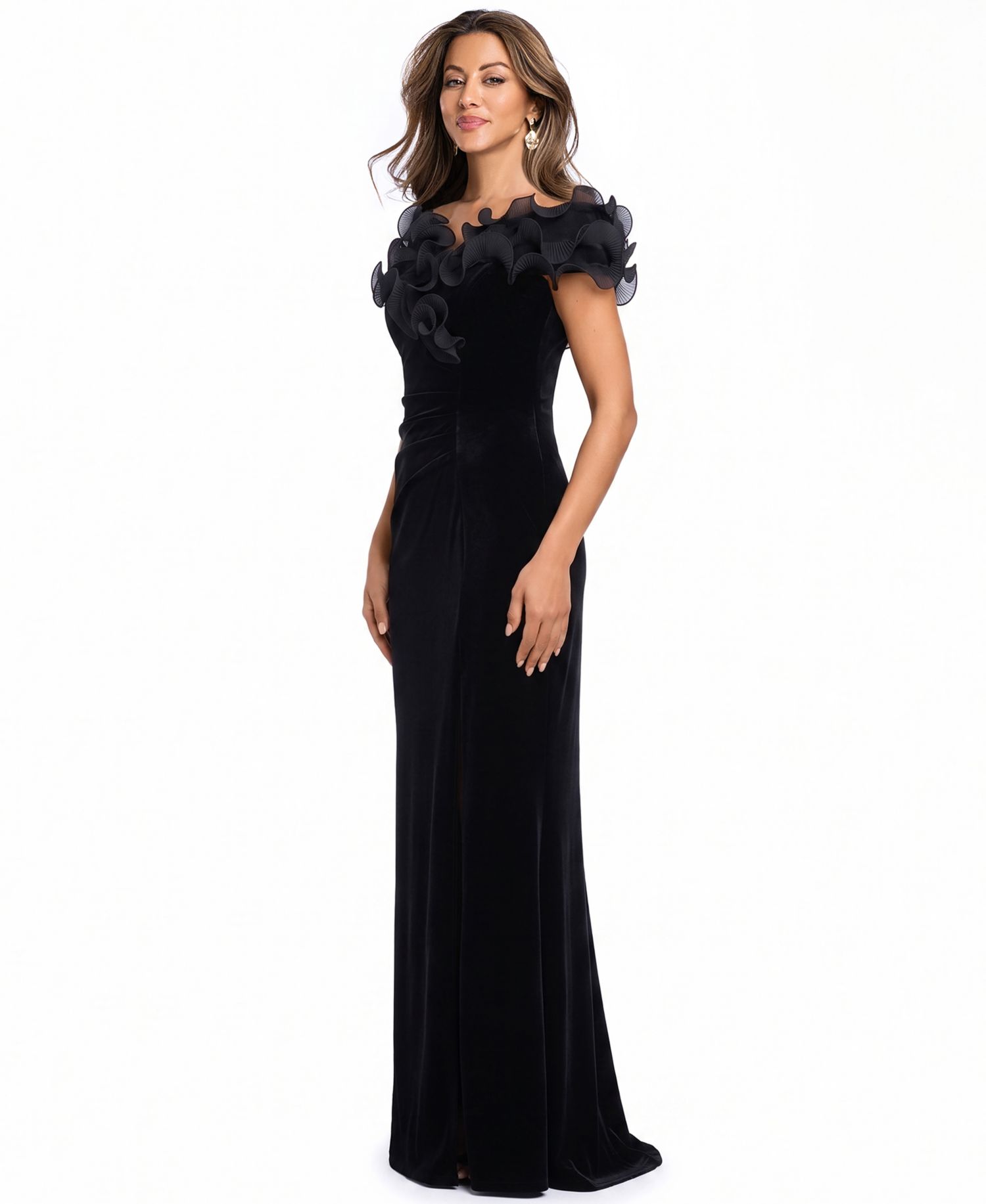 Women's Velvet Off-the-Shoulder Ruffled Long Gown